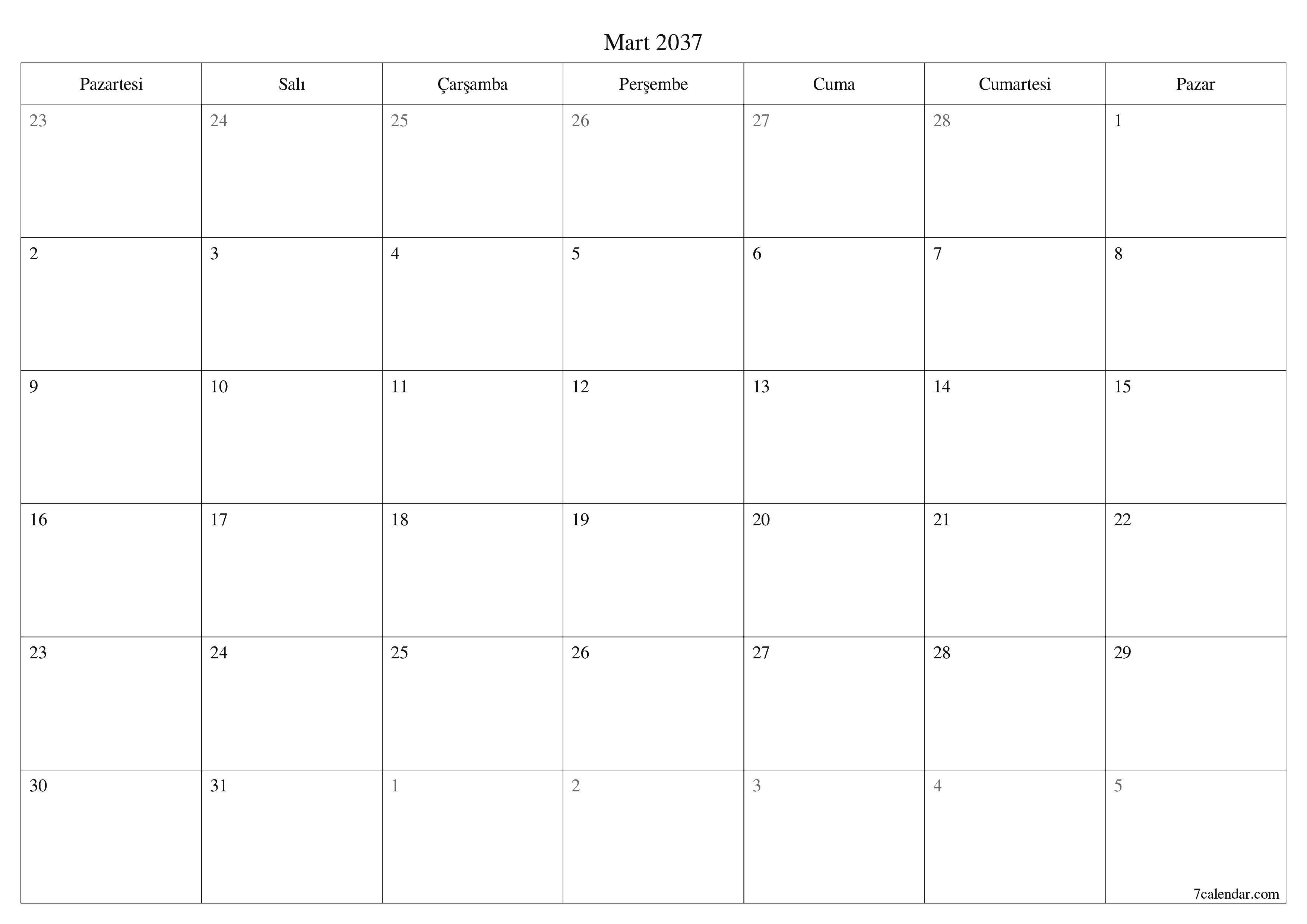 Mart 2037 ayı için notlarla birlikte boş aylık planlayıcı, kaydedin ve PDF'ye yazdırın PNG Turkish
