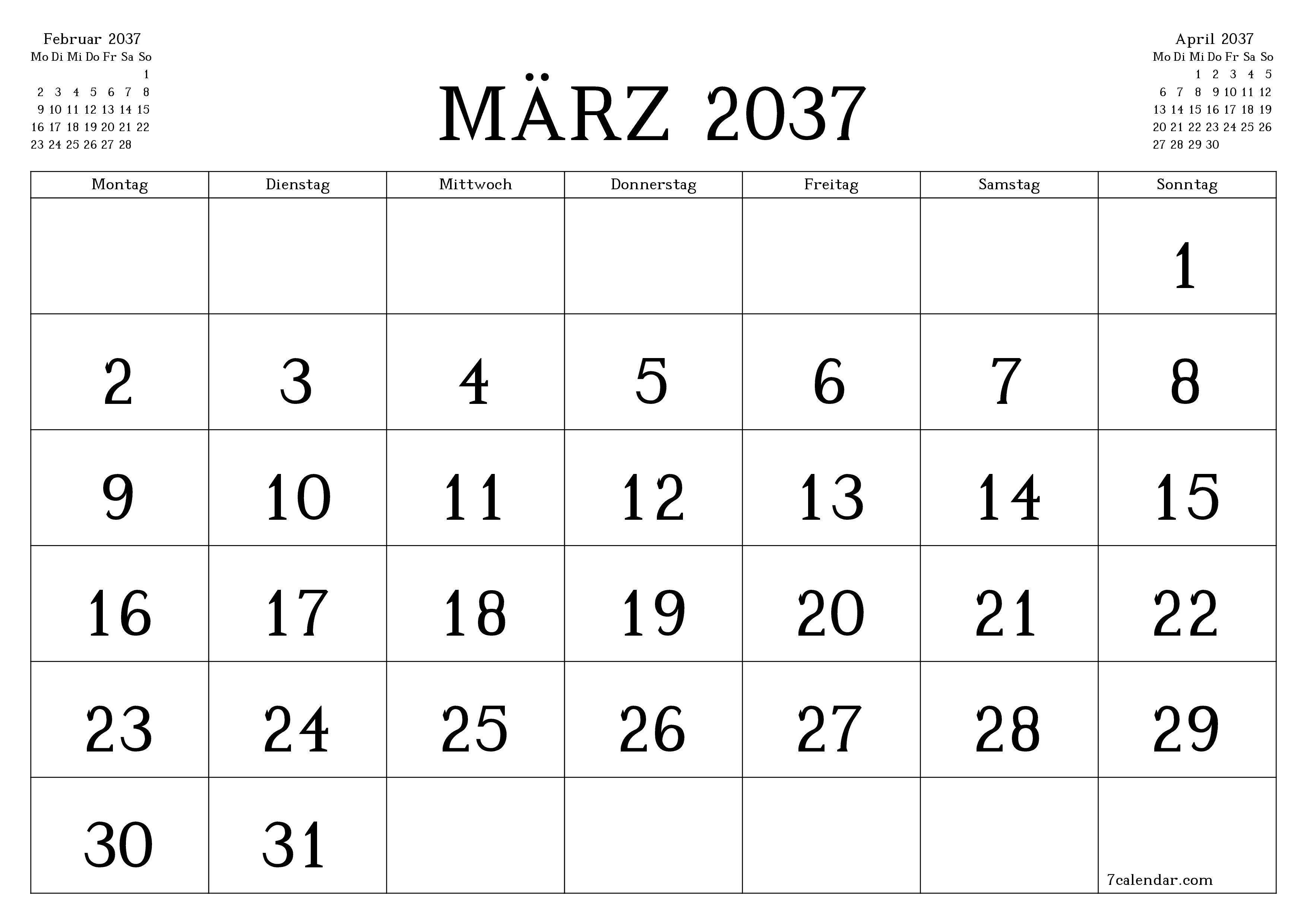 Monatsplaner für Monat März 2037 mit Notizen leeren, speichern und als PDF PNG German - 7calendar.com drucken