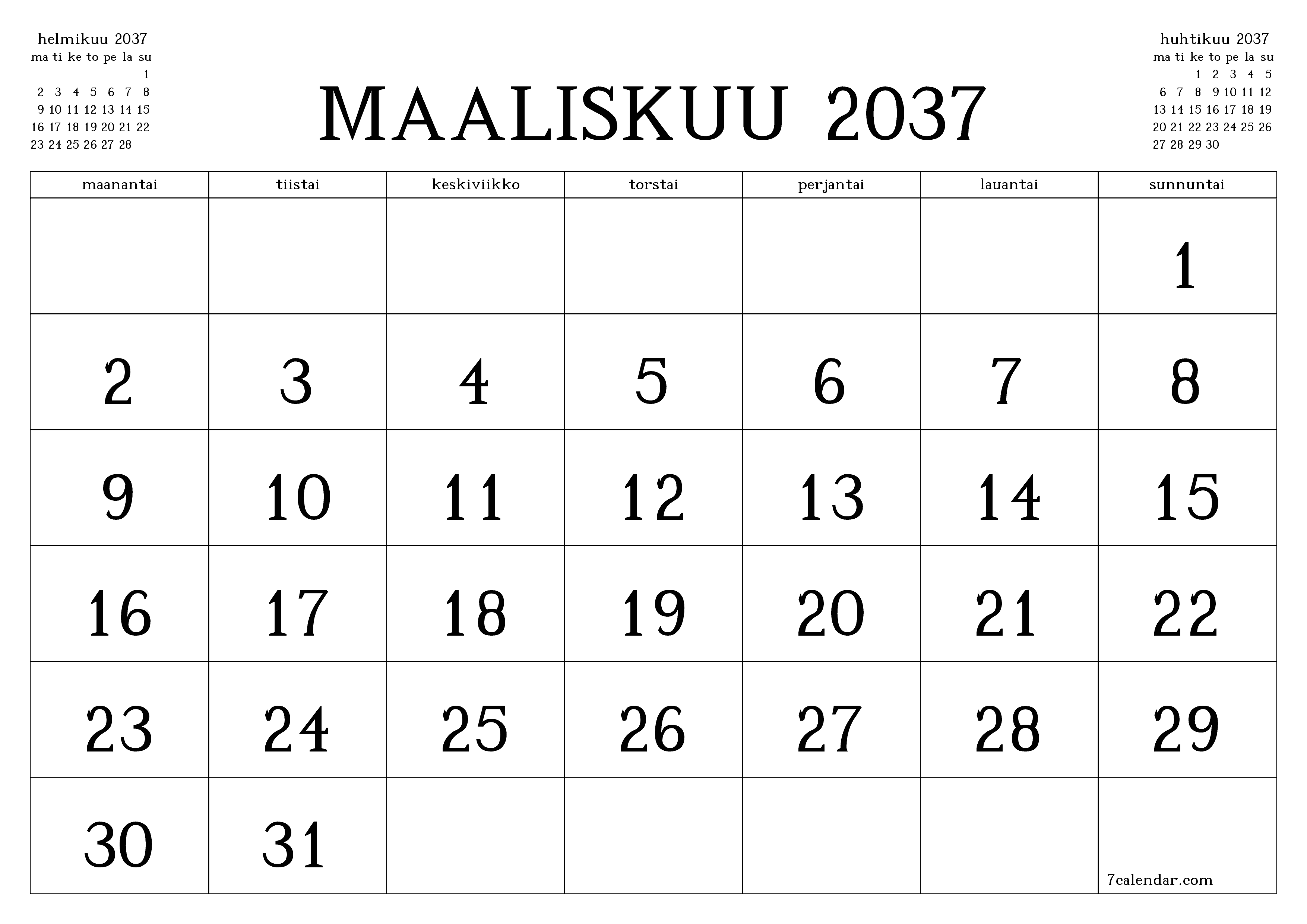 Tyhjennä kuukausittainen suunnittelija kuukaudelle Maaliskuu 2037 muistiinpanoilla, tallenna ja tulosta PDF-muotoon PNG Finnish