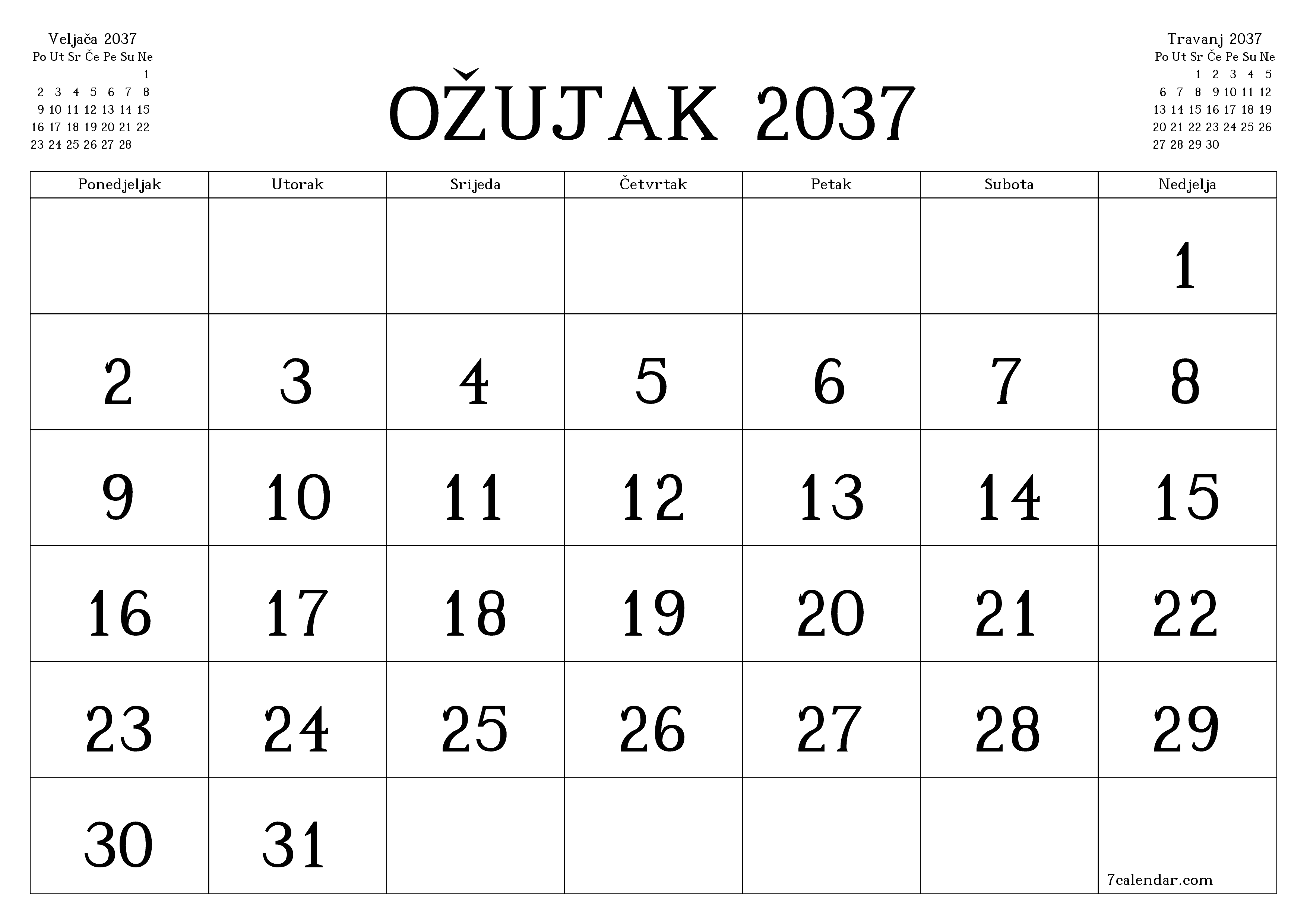 Ispraznite mjesečni planer za mjesec Ožujak 2037 s bilješkama, spremite i ispišite u PDF PNG Croatian