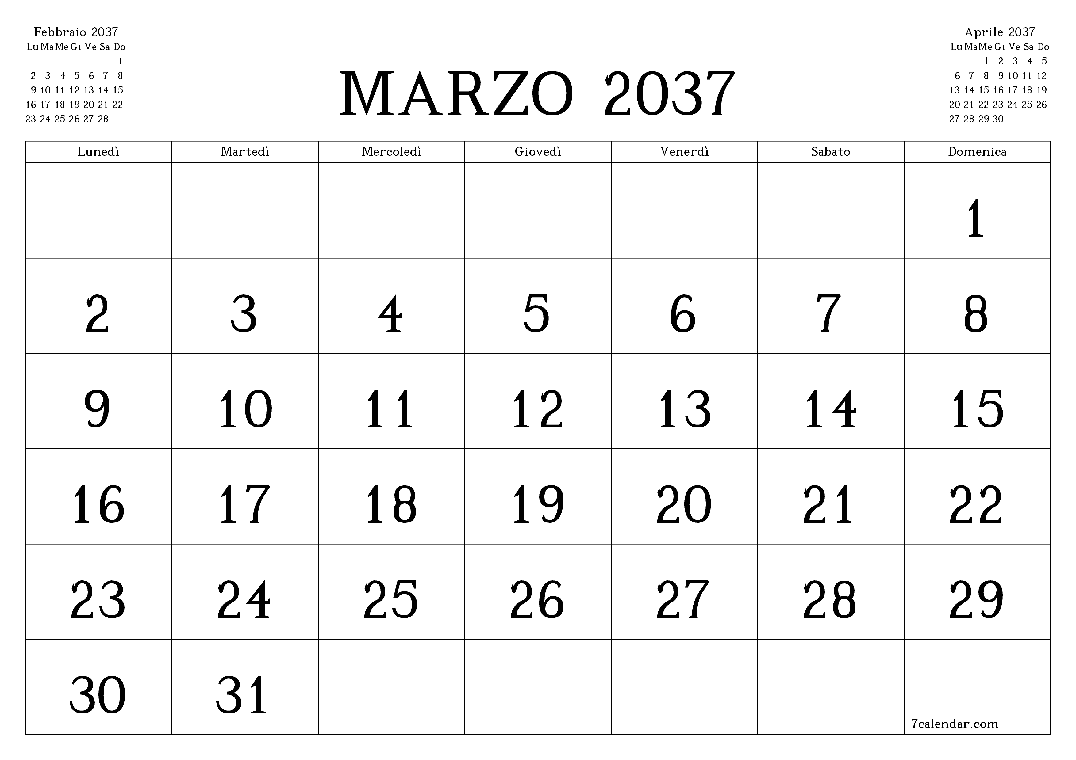 Pianificatore mensile vuoto per il mese Marzo 2037 con note, salva e stampa in PDF PNG Italian