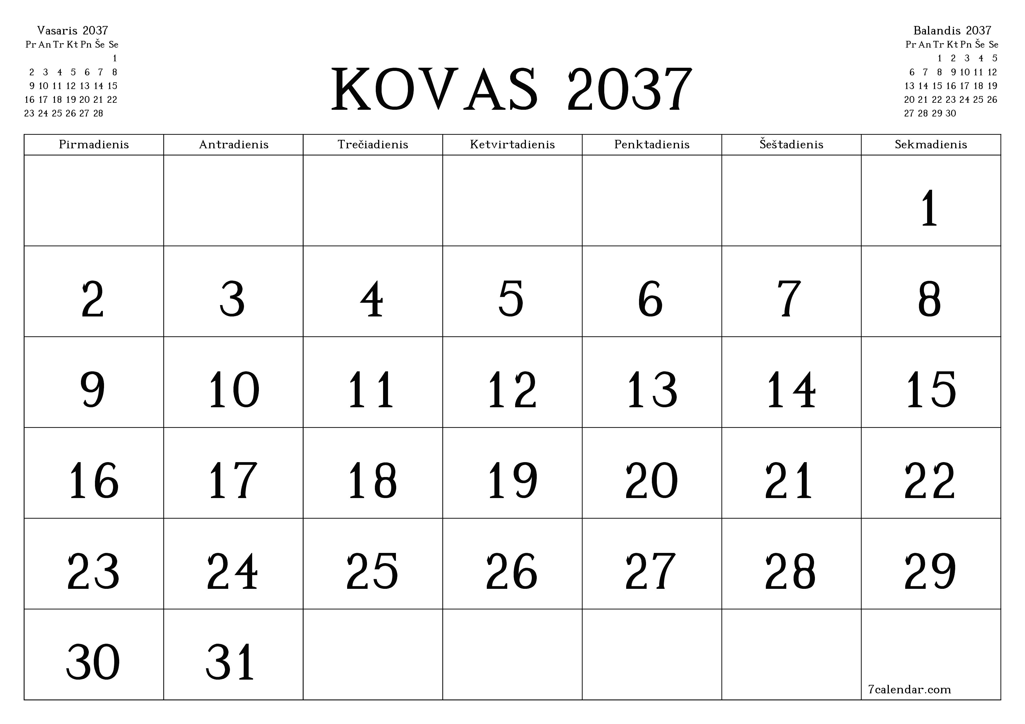 Ištuštinti mėnesio Kovas 2037 mėnesio planavimo priemonę su užrašais, išsaugoti ir atsispausdinti PDF formate PNG Lithuanian