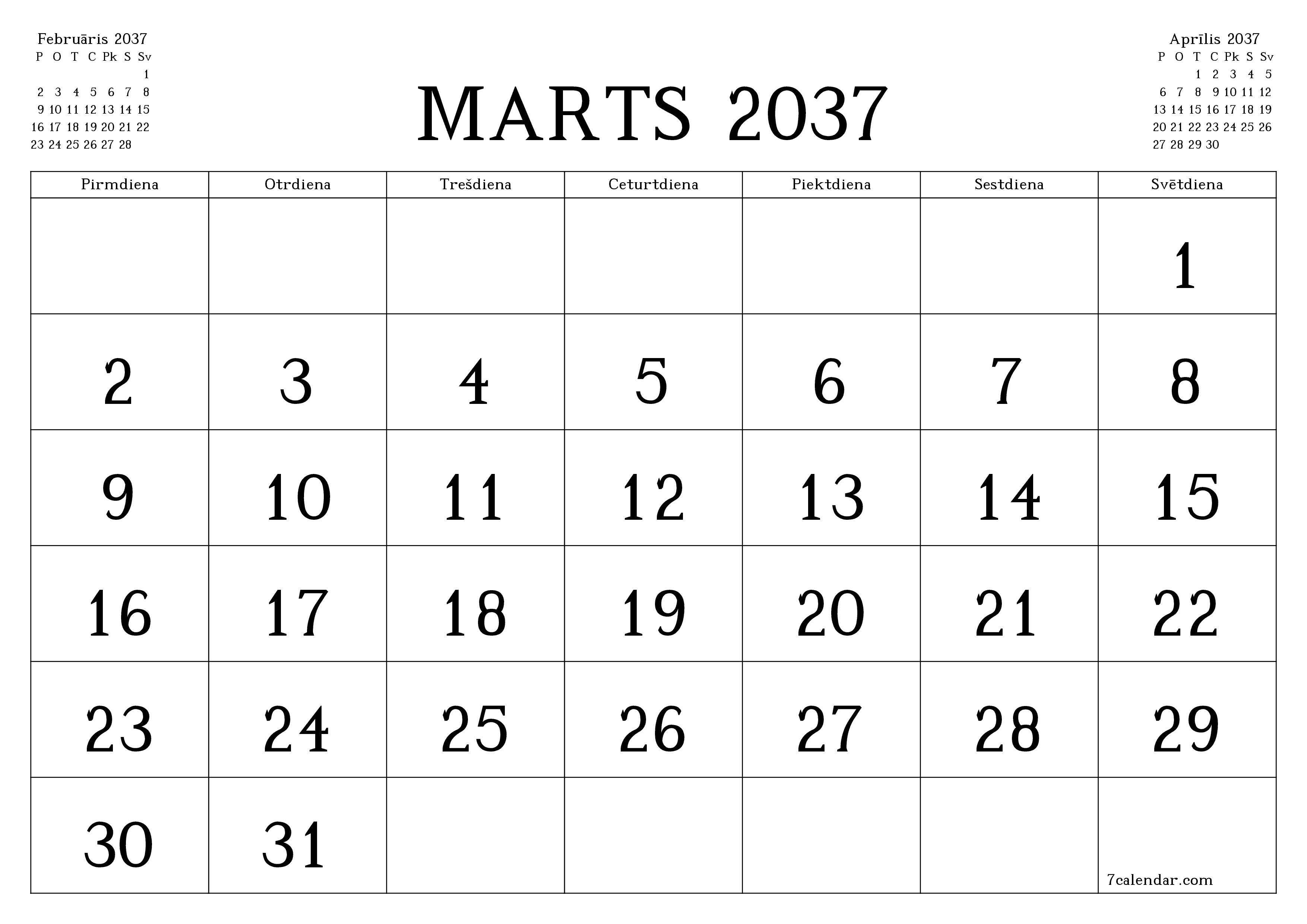 Iztukšot mēneša plānotāju mēnesim Marts 2037 ar piezīmēm, saglabāt un izdrukāt PDF formātā PNG Latvian
