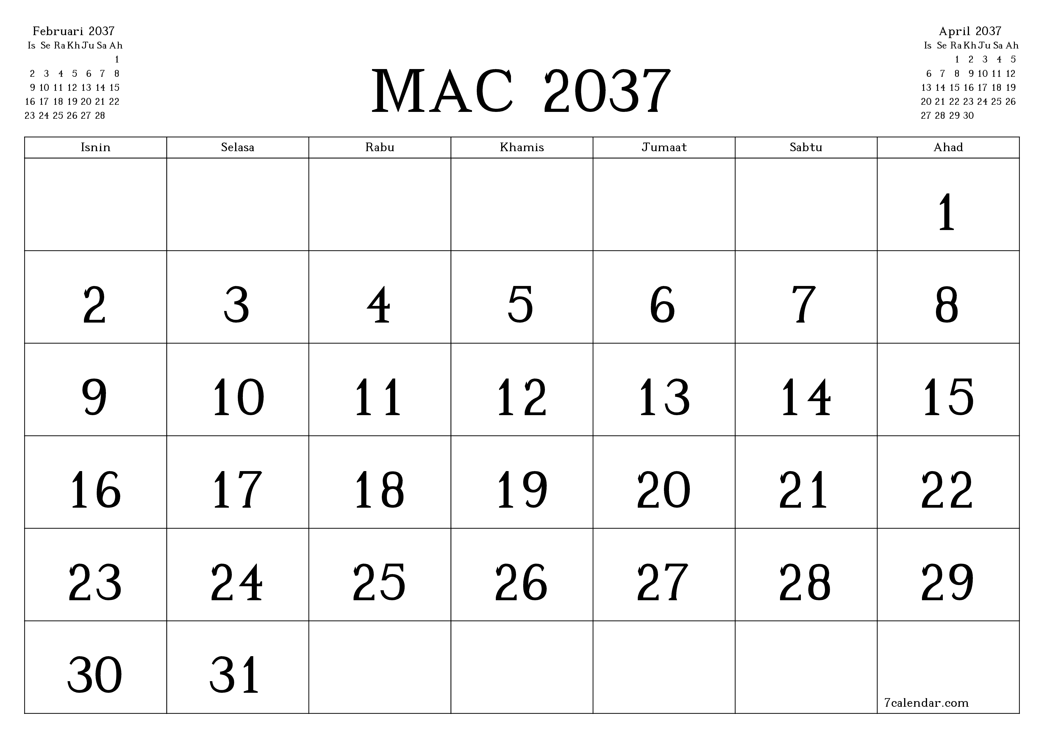 Perancang bulanan kosong untuk bulan Mac 2037 dengan nota, simpan dan cetak ke PDF PNG Malay