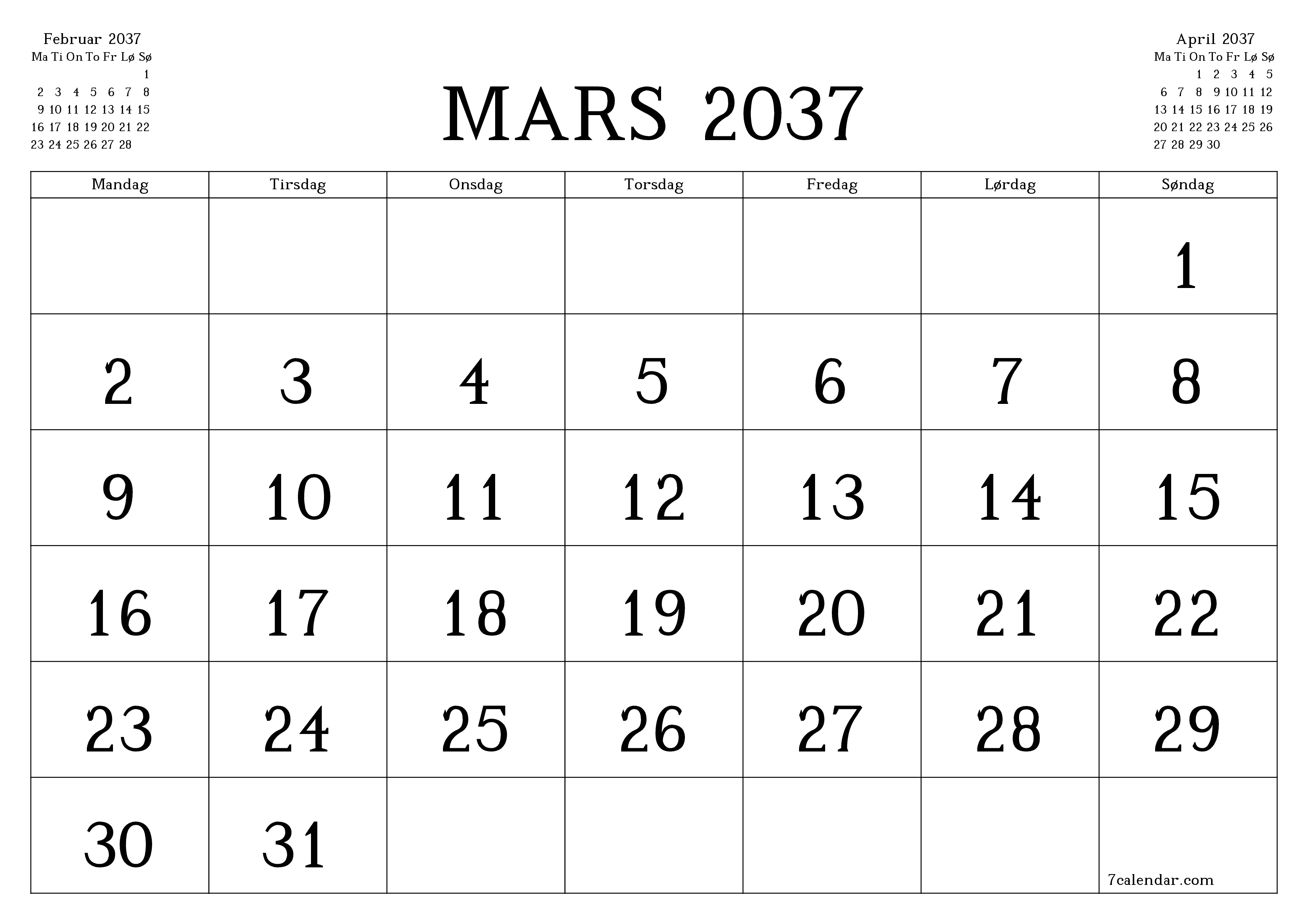 Tom månedlig planlegger for måned Mars 2037 med notater, lagre og skriv ut til PDF PNG Norwegian