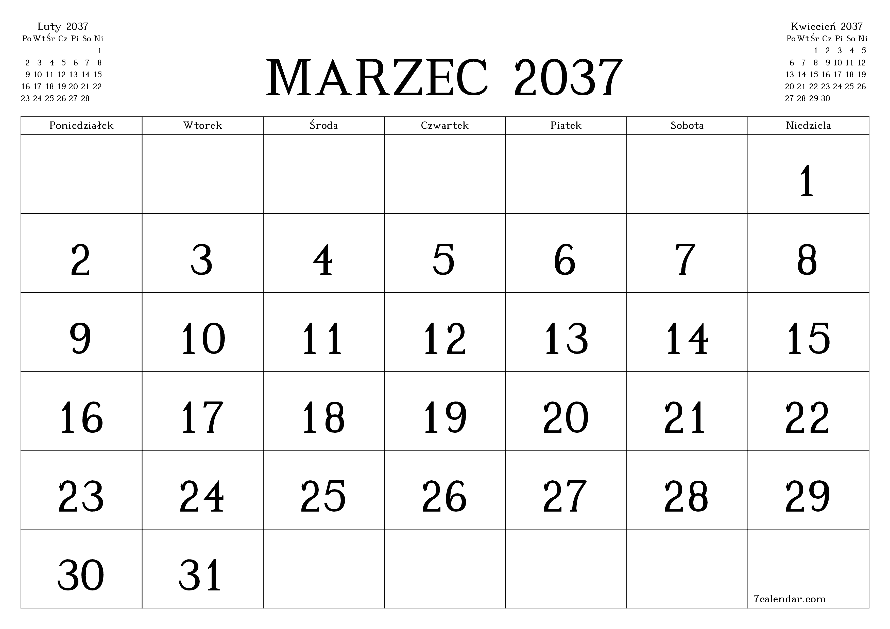 Opróżnij miesięczny planer na miesiąc Marzec 2037 z notatkami, zapisz i wydrukuj w formacie PDF PNG Polish