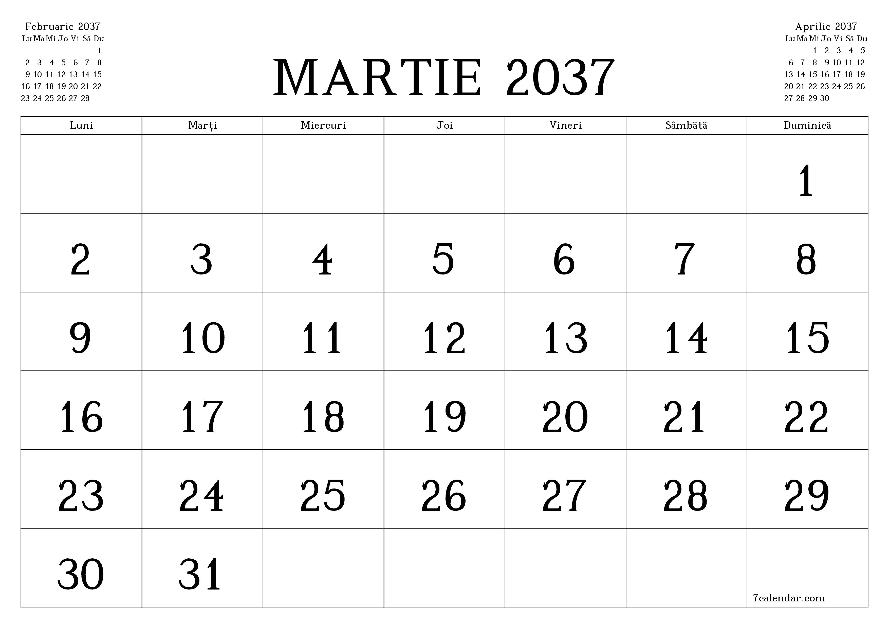 Planificator lunar gol pentru luna Martie 2037 cu note, salvați și tipăriți în PDF PNG Romanian