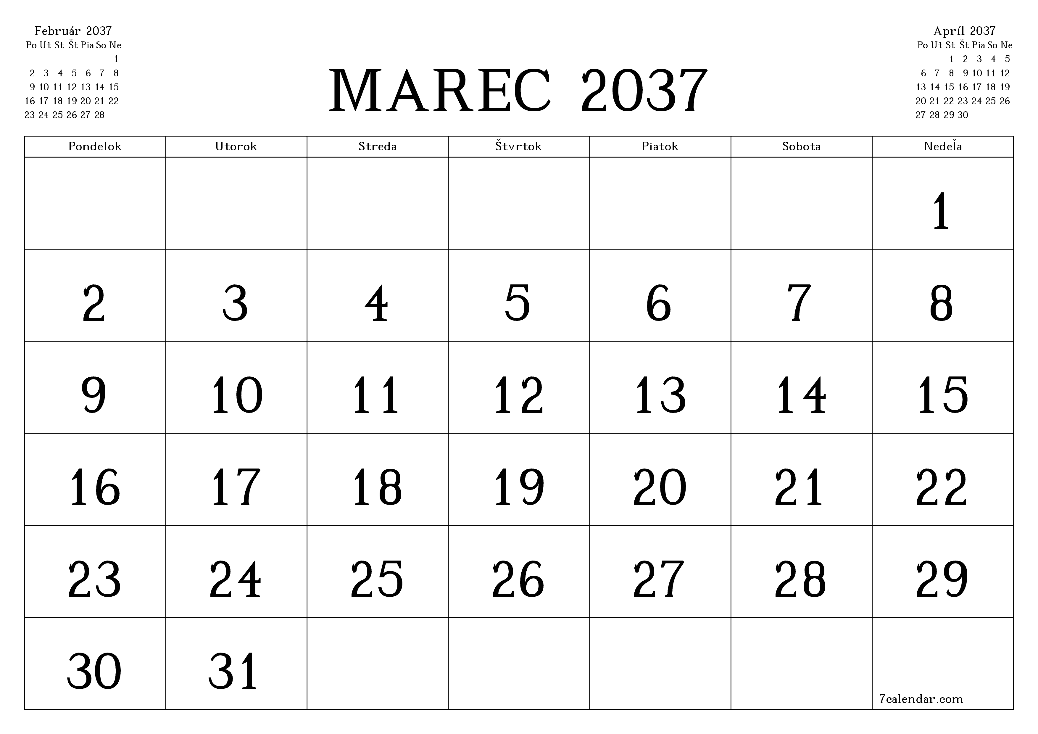 Prázdny mesačný plánovač na mesiac Marec 2037 s poznámkami, uloženie a tlač do PDF PNG Slovak