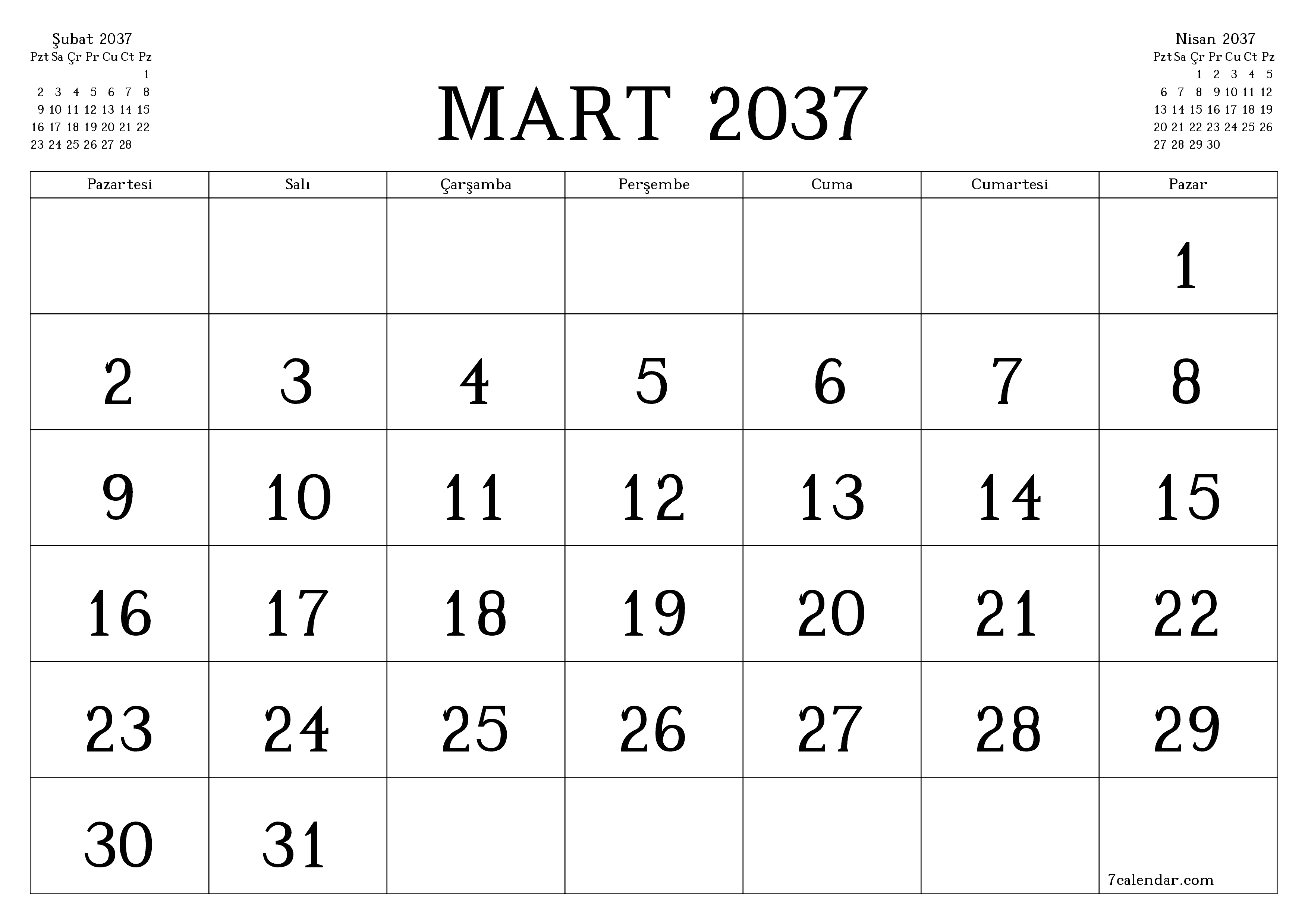 Mart 2037 ayı için notlarla birlikte boş aylık planlayıcı, kaydedin ve PDF'ye yazdırın PNG Turkish