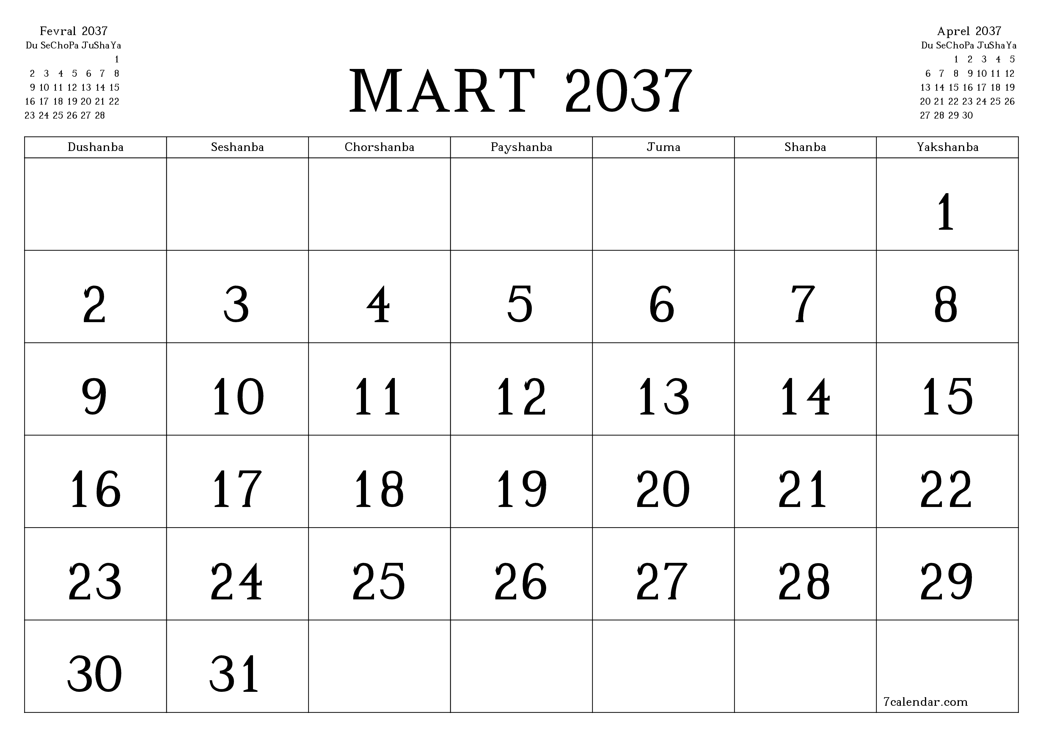 Mart 2037 oylik oylik rejalashtiruvchini yozuvlar bilan bo'shatish, saqlash va PDF-ga chop etish PNG Uzbek