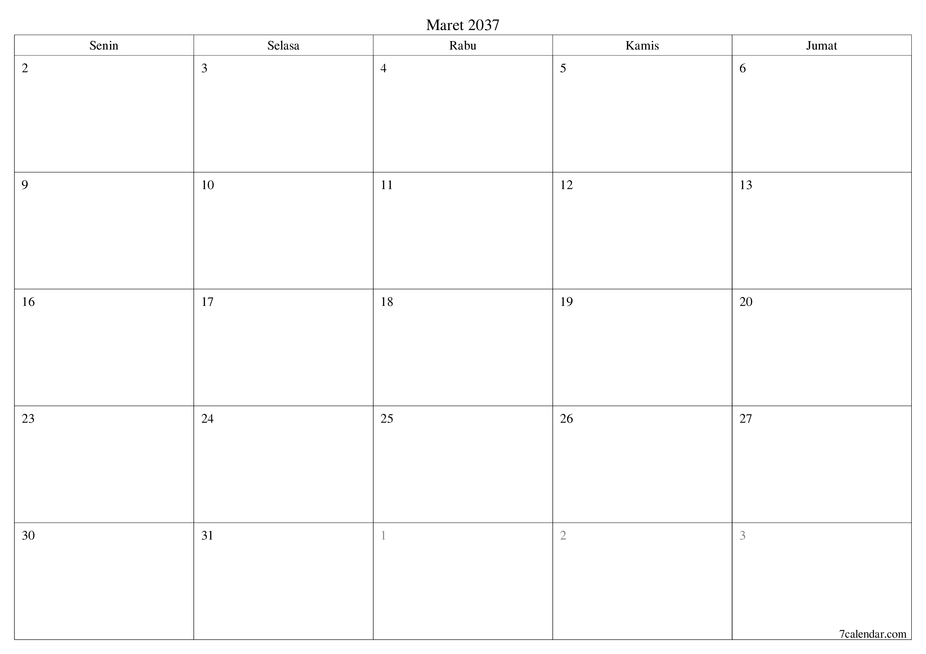 Kosongkan agenda bulanan untuk bulan Maret 2037 dengan catatan, simpan dan cetak ke PDF PNG Indonesian