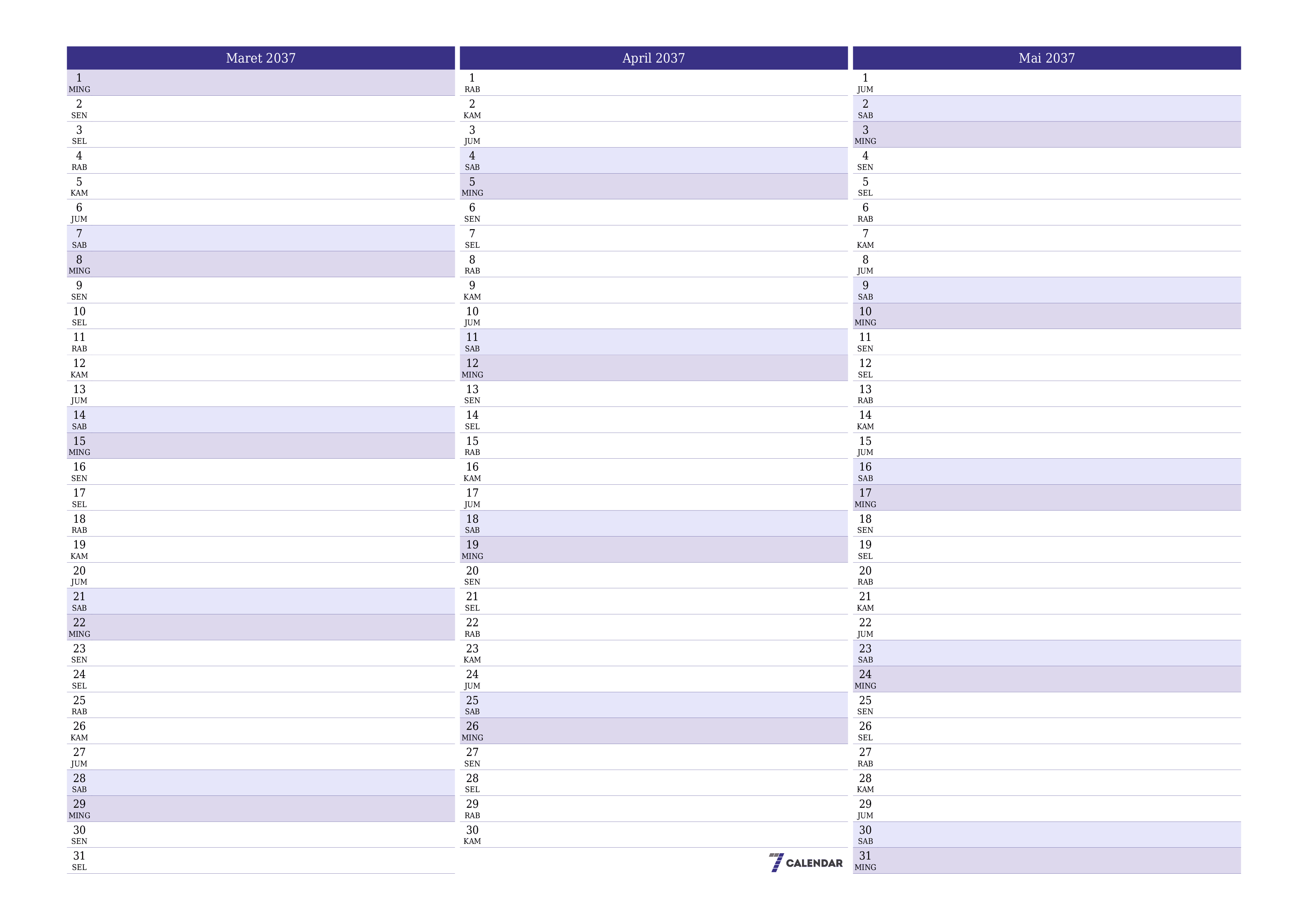 Kosongkan agenda bulanan untuk bulan Maret 2037 dengan catatan, simpan dan cetak ke PDF PNG Indonesian