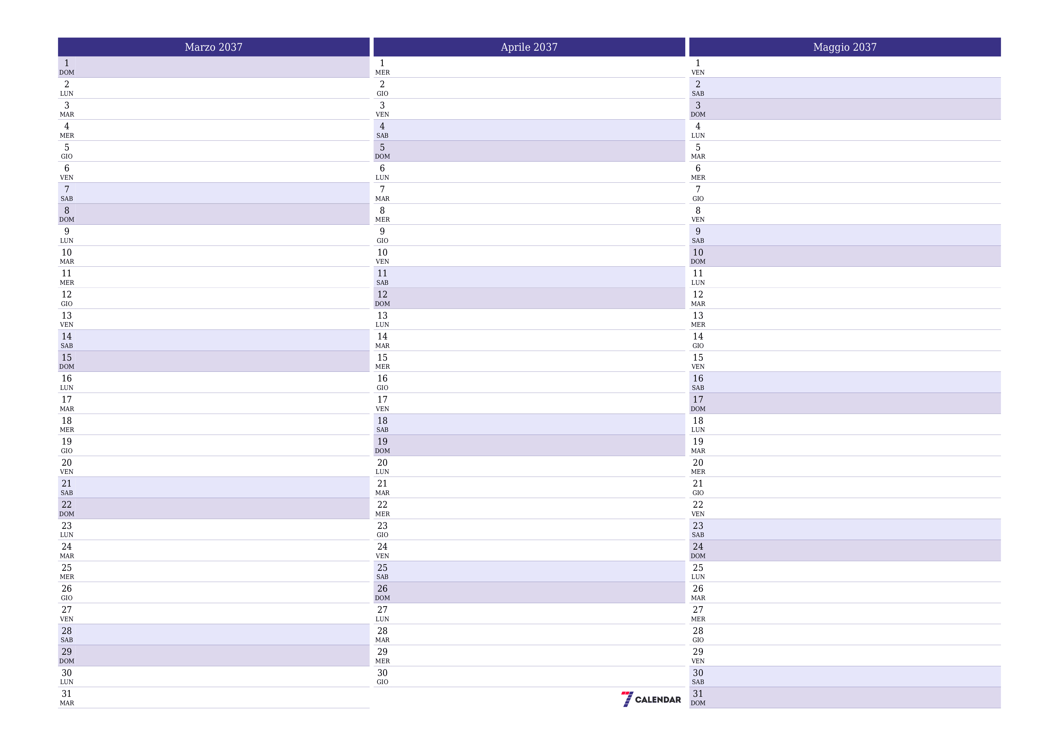 Pianificatore mensile vuoto per il mese Marzo 2037 con note, salva e stampa in PDF PNG Italian