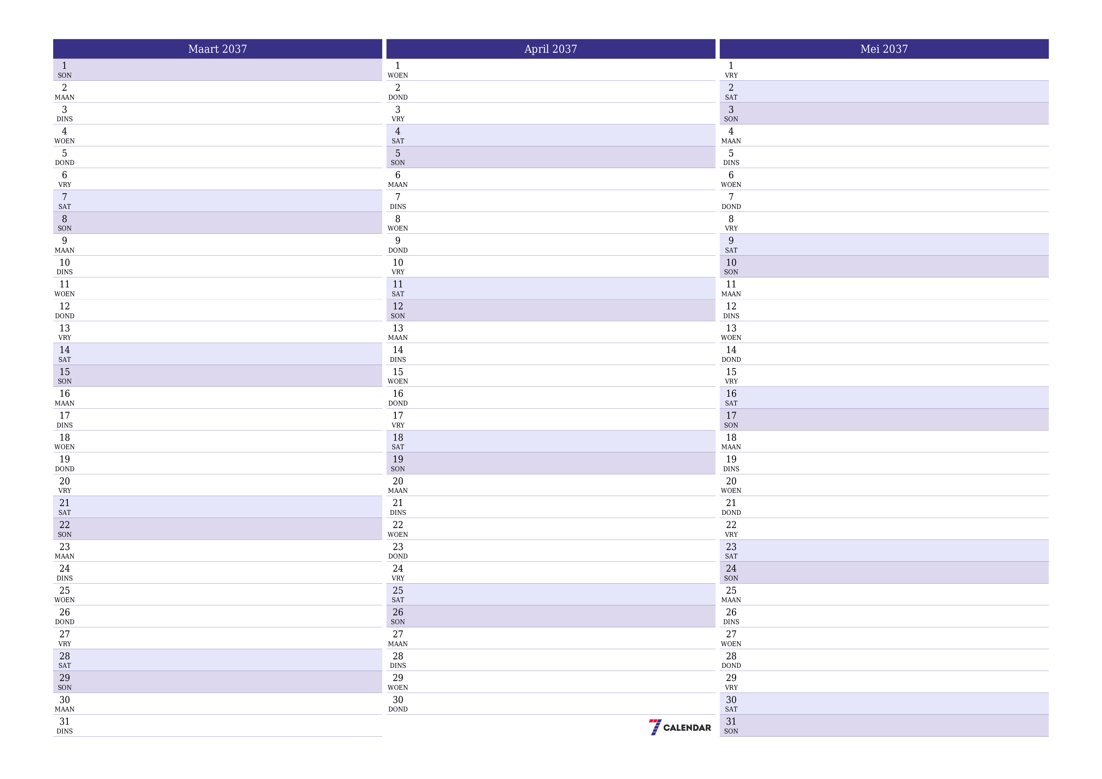 Leë maandelikse drukbare kalender en beplanner vir maand Maart 2037 met notas stoor en druk na PDF PNG Afrikaans