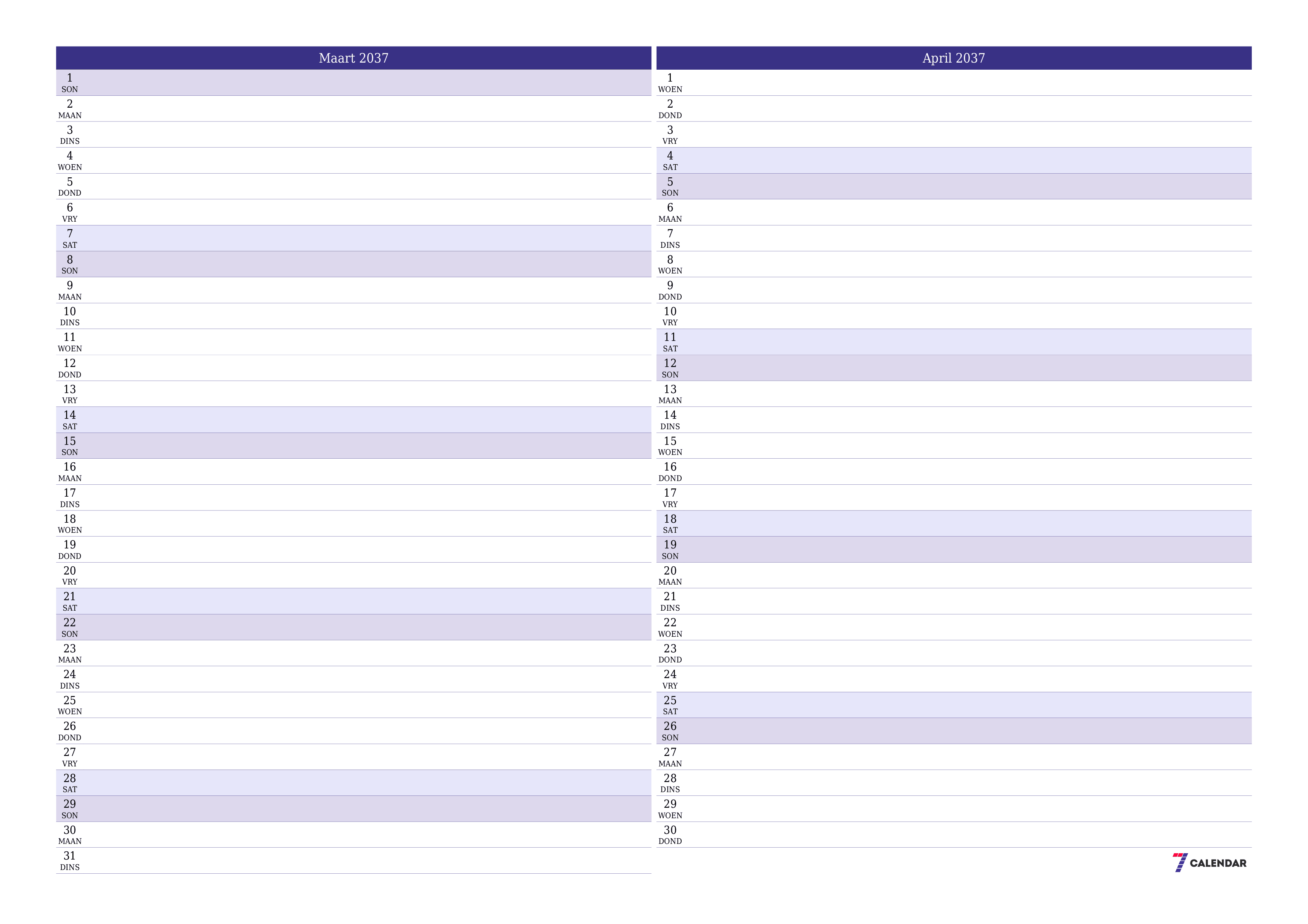 Leë maandelikse drukbare kalender en beplanner vir maand Maart 2037 met notas stoor en druk na PDF PNG Afrikaans