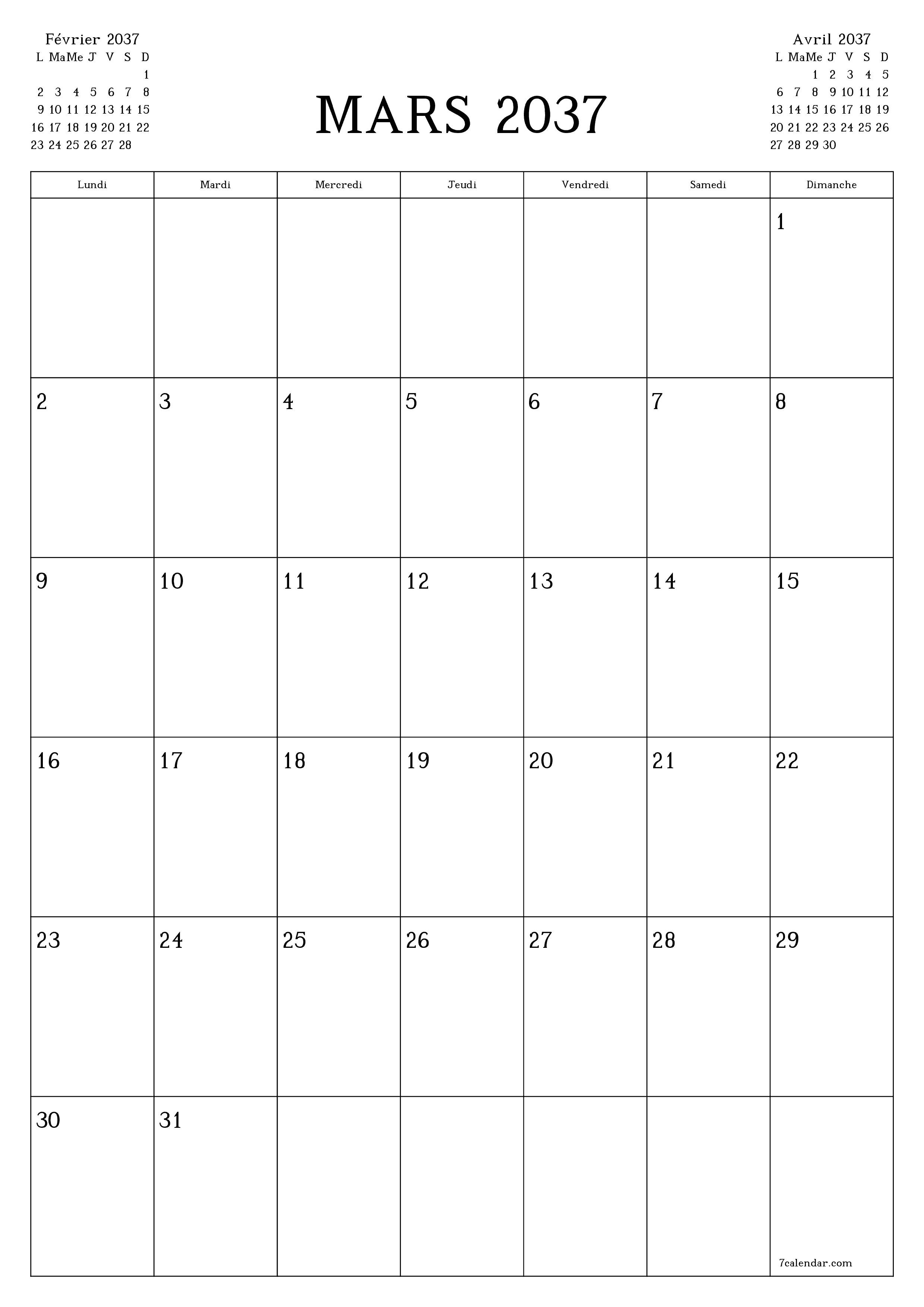  imprimable mural modèle de gratuitverticale Mensuel planificateur calendrier Mars (Mar) 2037