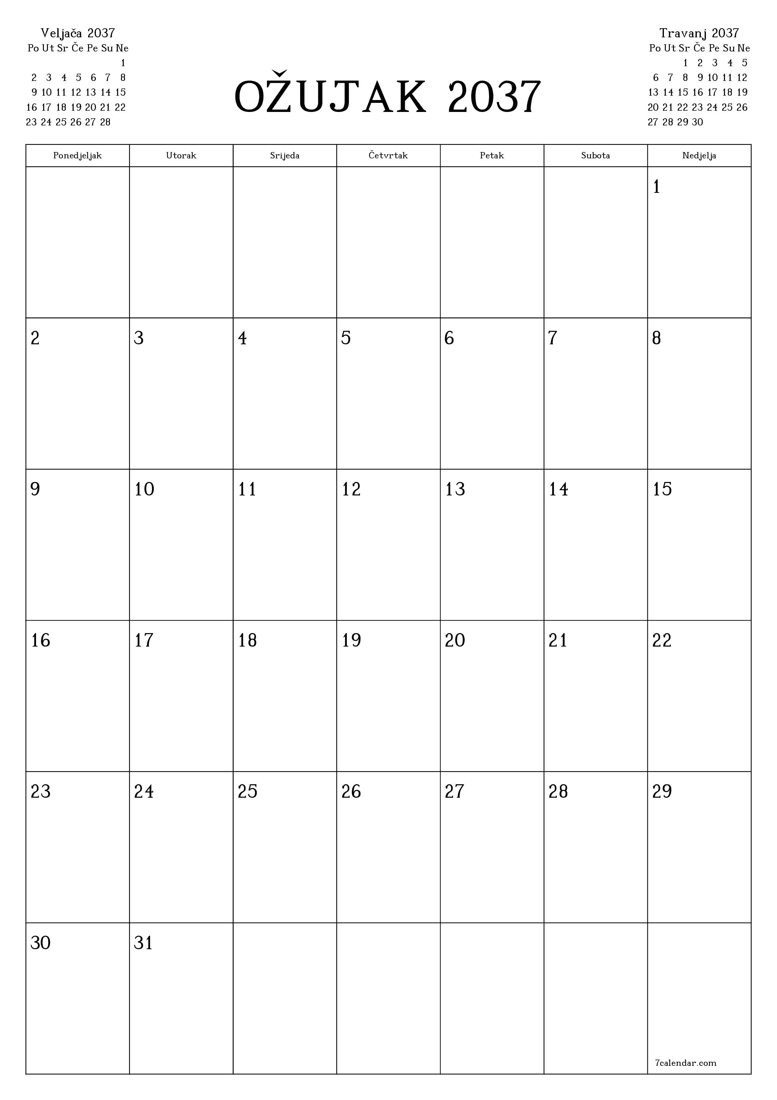  za ispis zidni predložak a besplatni okomito Mjesečni planer kalendar Ožujak (Ožu) 2037