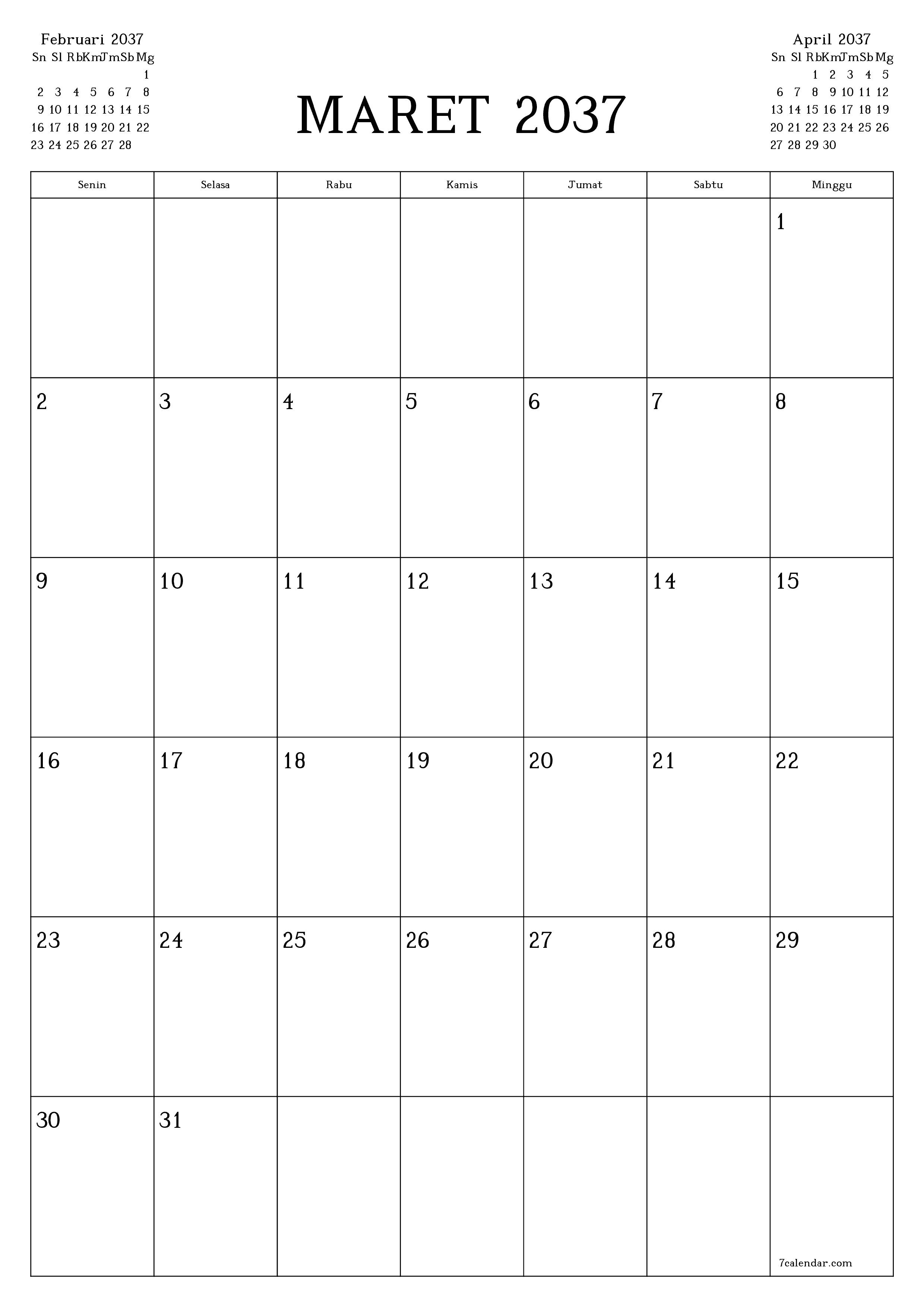 Kosongkan agenda bulanan untuk bulan Maret 2037 dengan catatan, simpan dan cetak ke PDF PNG Indonesian