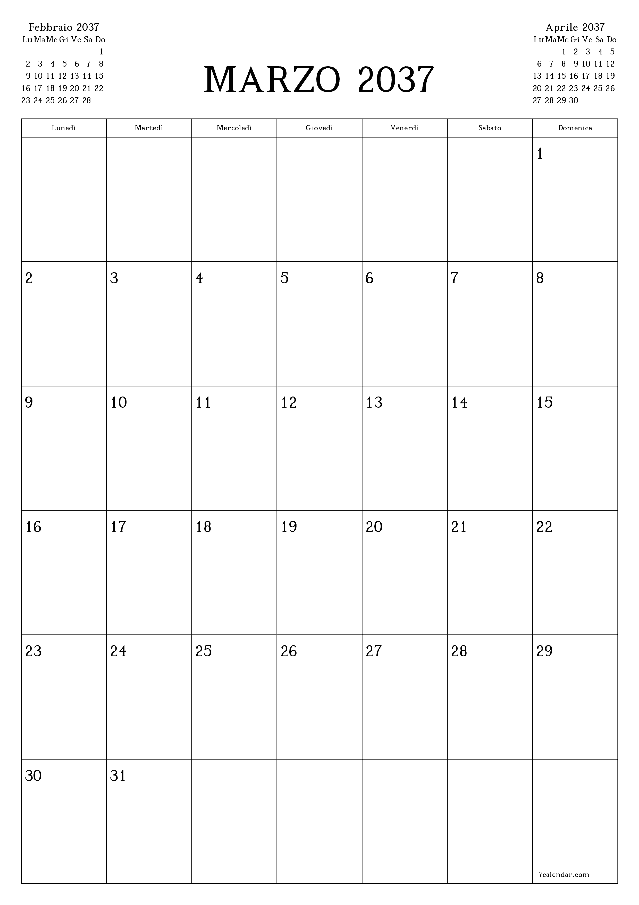 Pianificatore mensile vuoto per il mese Marzo 2037 con note, salva e stampa in PDF PNG Italian