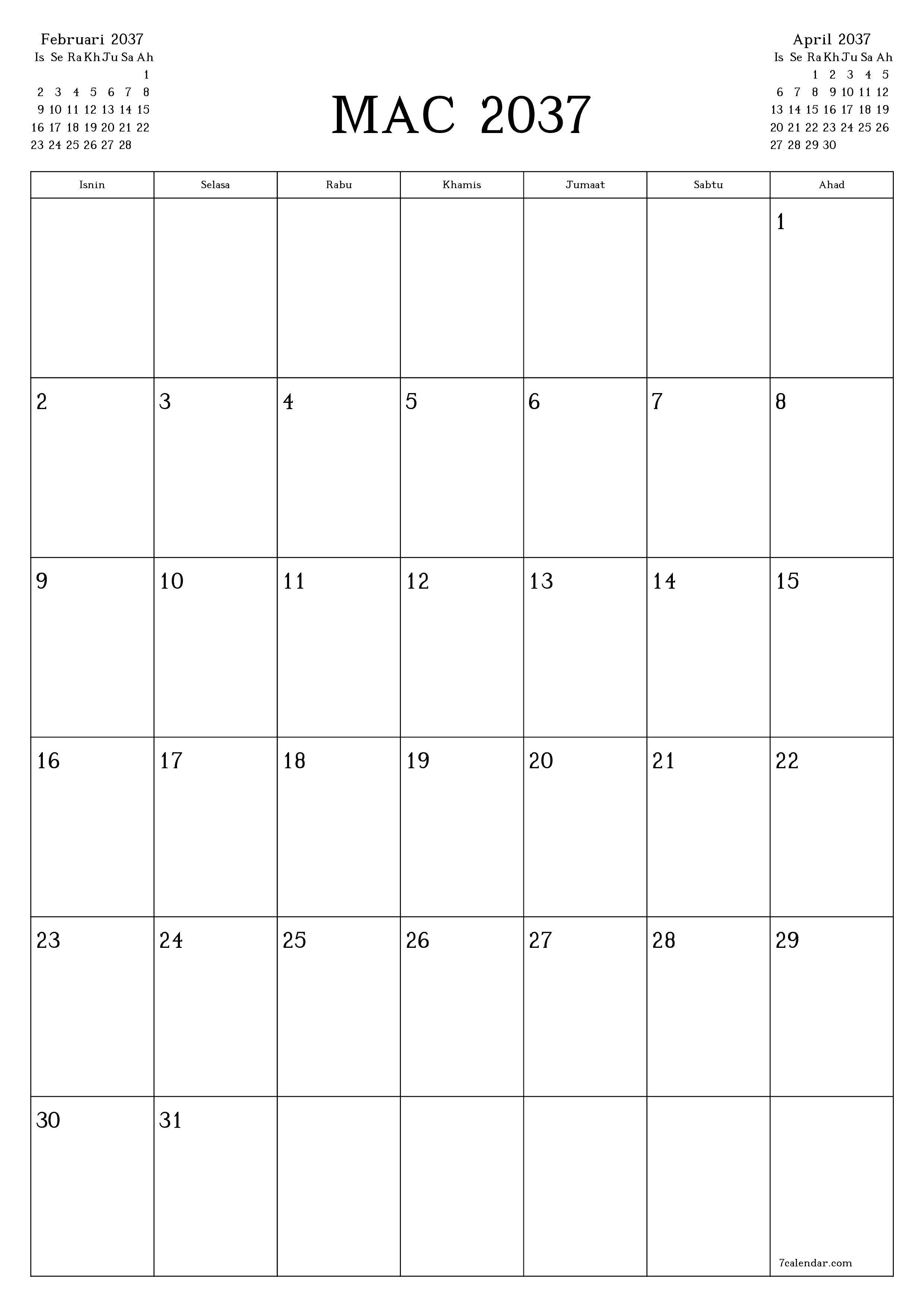  boleh cetak dinding templat percumamenegak Bulanan perancang kalendar Mac (Mar) 2037