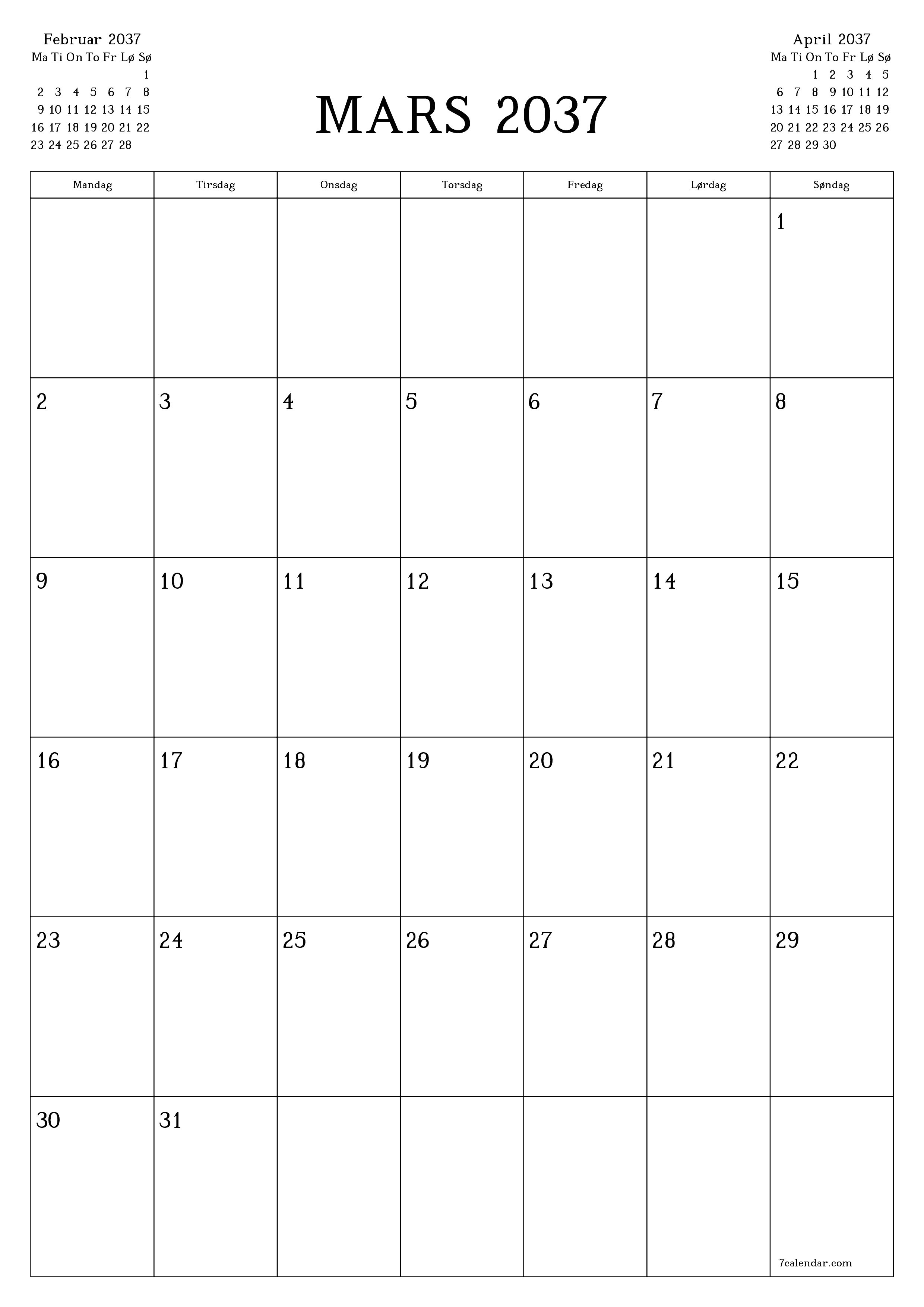 utskrivbar vegg mal gratis vertikal Månedlig planlegger kalender Mars (Mar) 2037