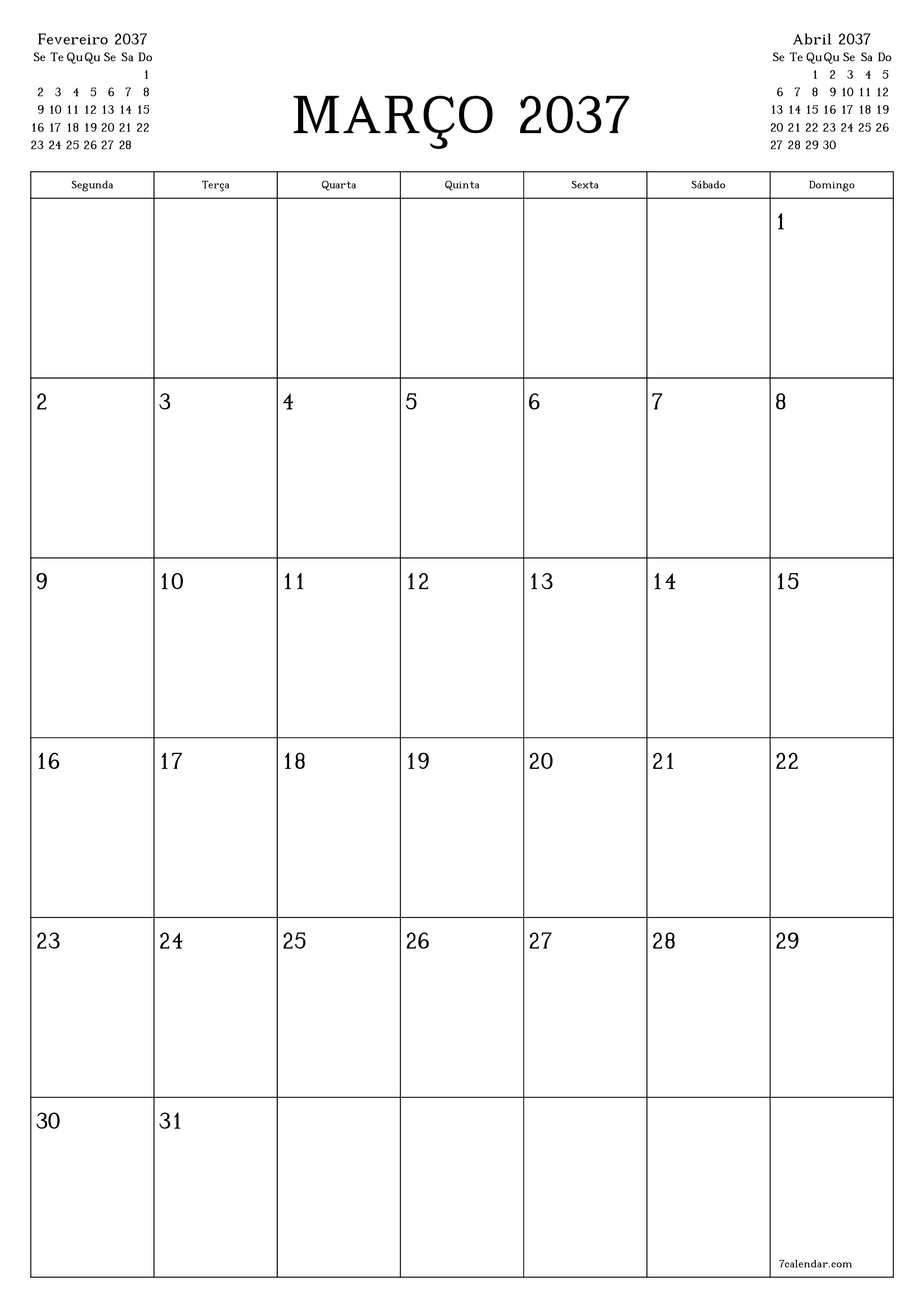 para impressão de parede modelo de grátisvertical Mensal planejador calendário Março (Mar) 2037
