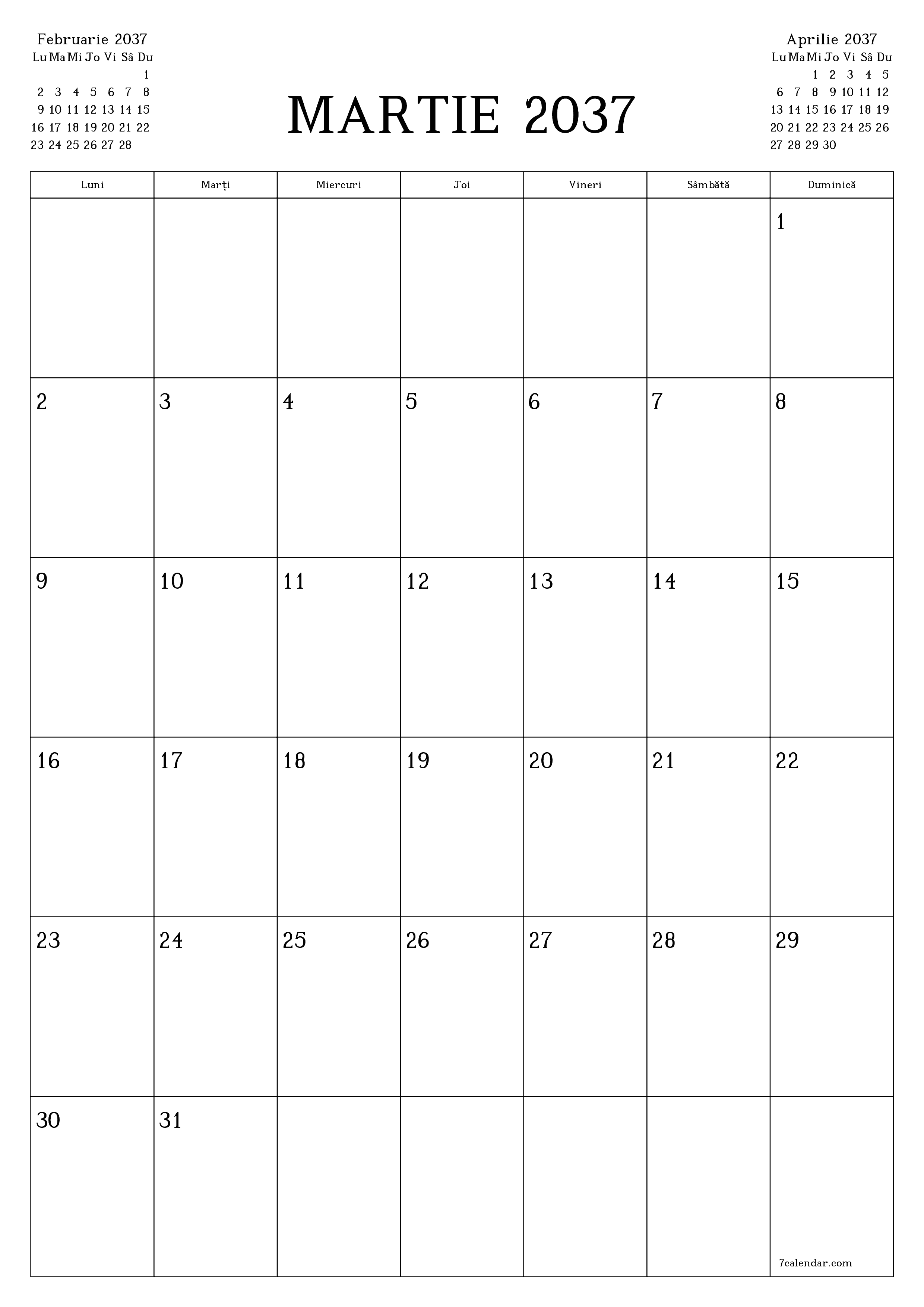  imprimabil de perete șablon de gratuitvertical Lunar planificator calendar Martie (Mar) 2037