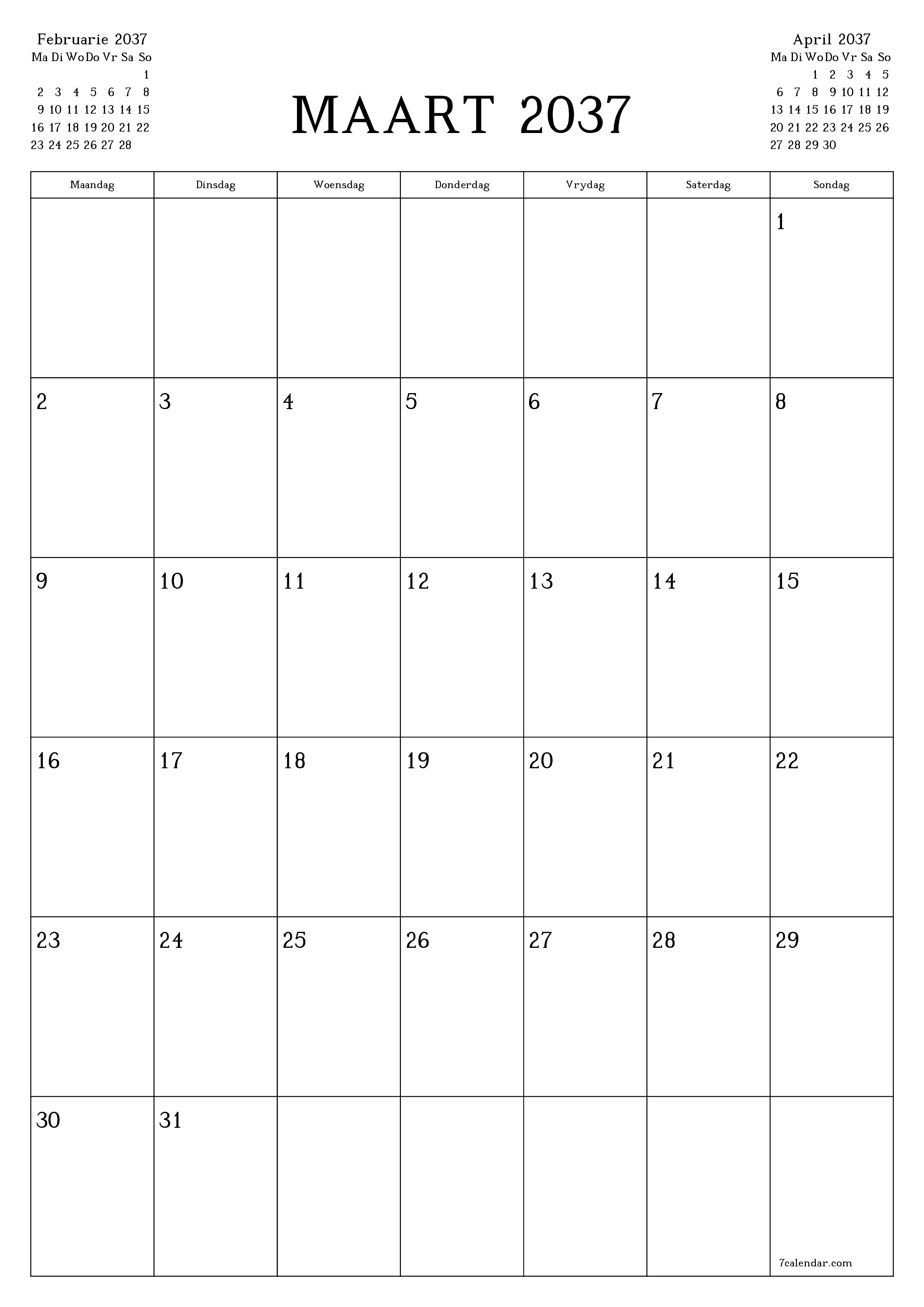 drukbare muur template gratis vertikaal Maandeliks beplanner kalender Maart (Mar) 2037