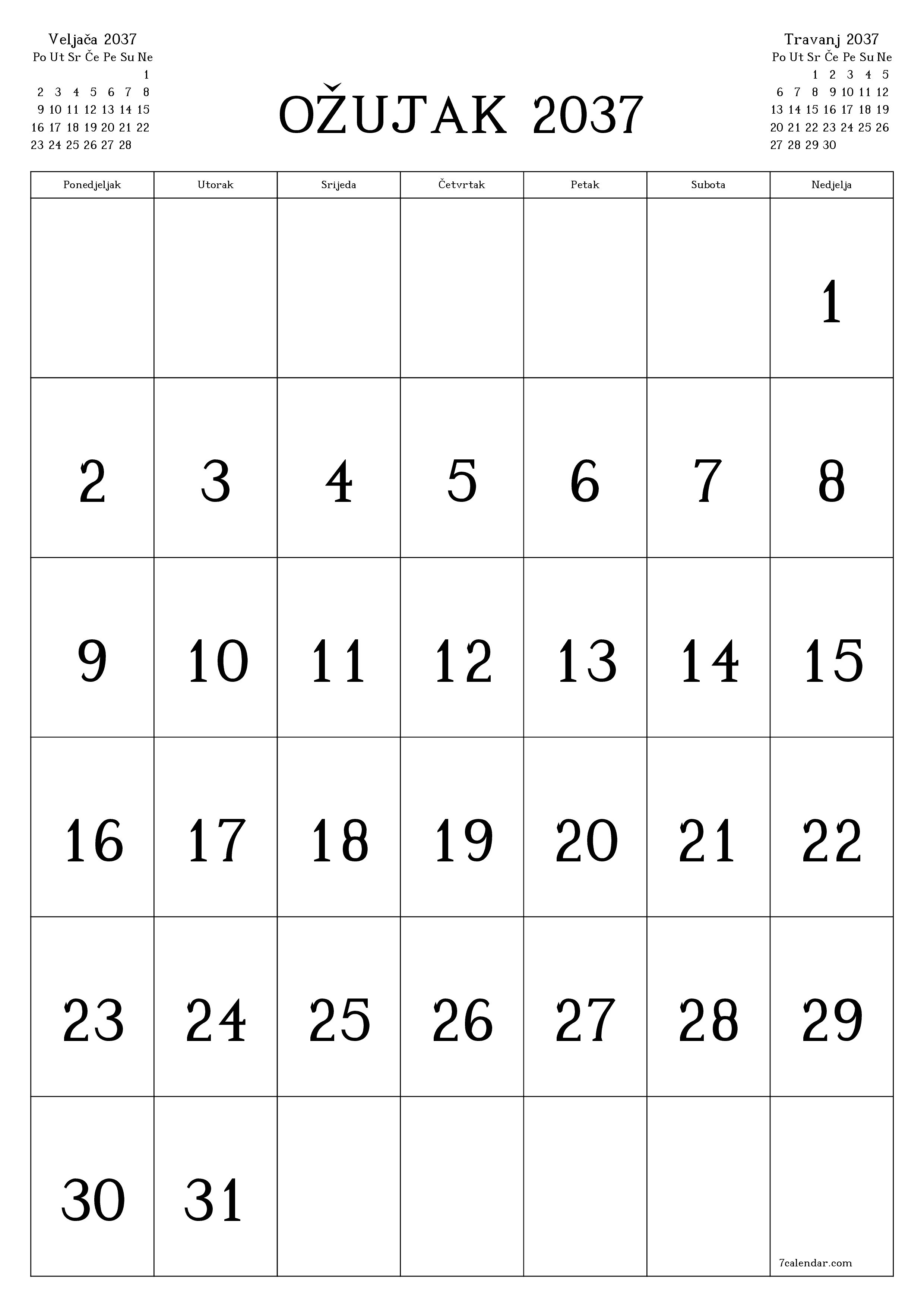  za ispis zidni predložak a besplatni okomito Mjesečni kalendar Ožujak (Ožu) 2037