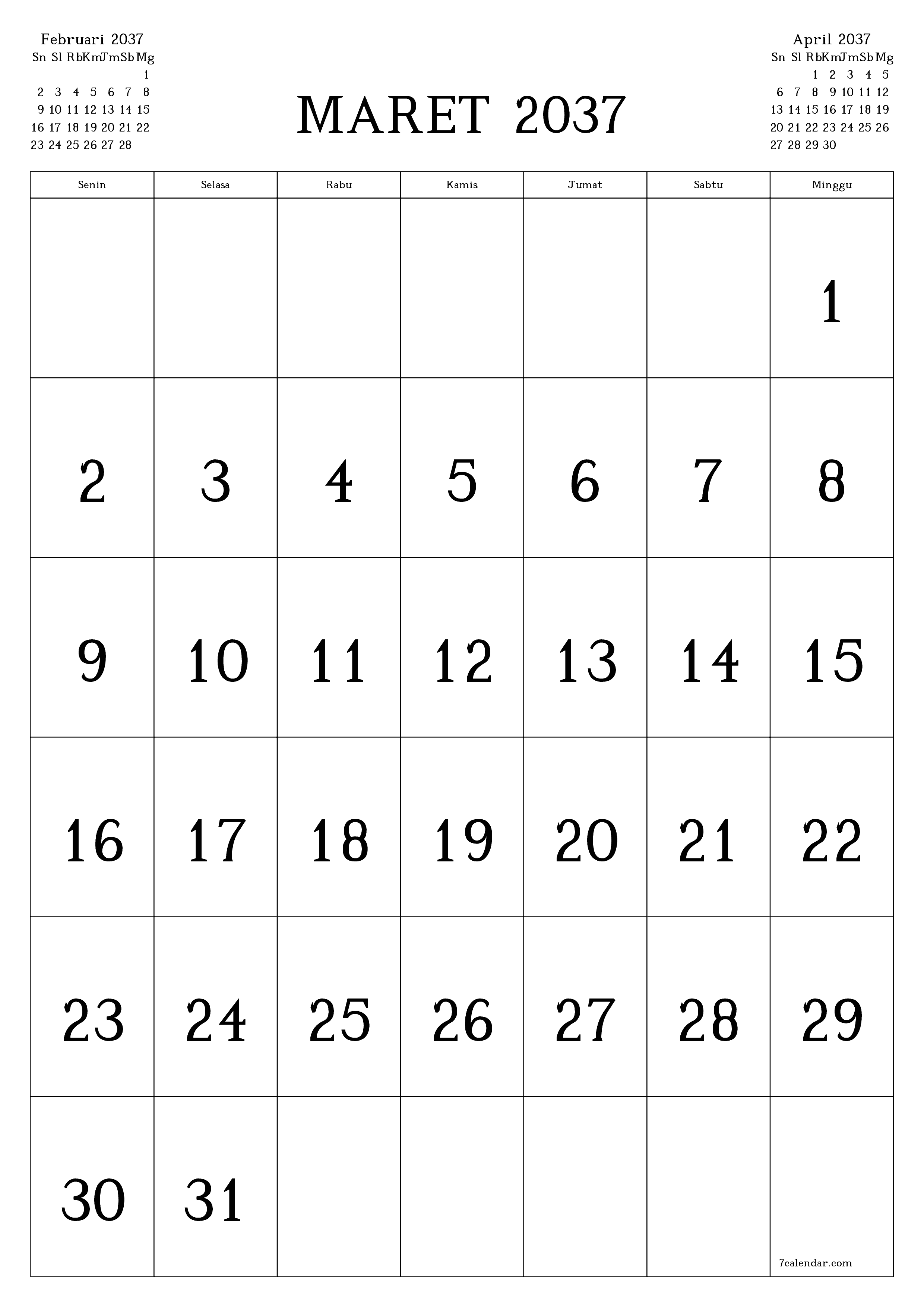  yang dapat dicetak dinding templat gratisvertikal Bulanan kalender Maret (Mar) 2037
