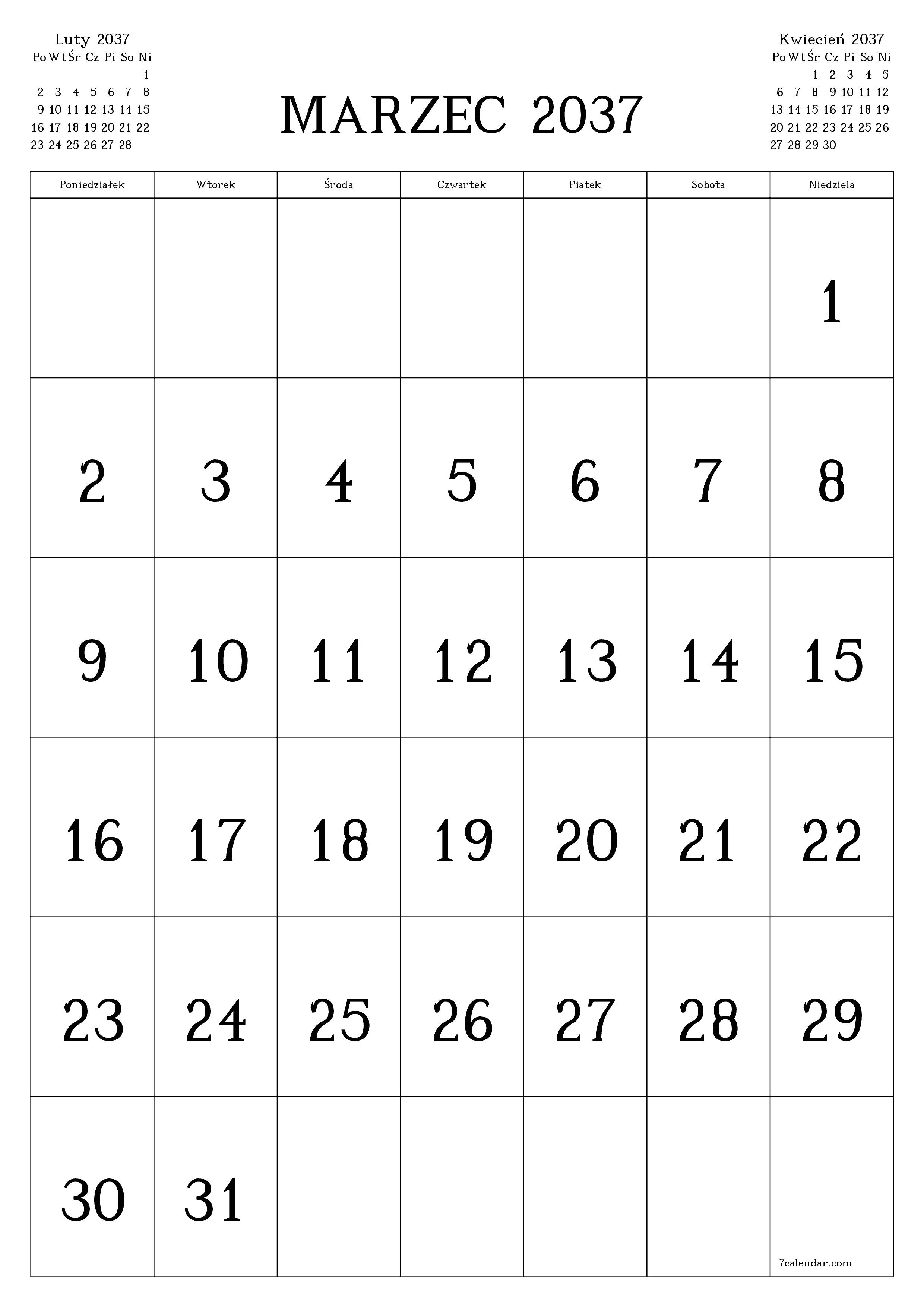  do druku ścienny szablon a darmowy pionowy Miesięczny kalendarz Marzec (Mar) 2037