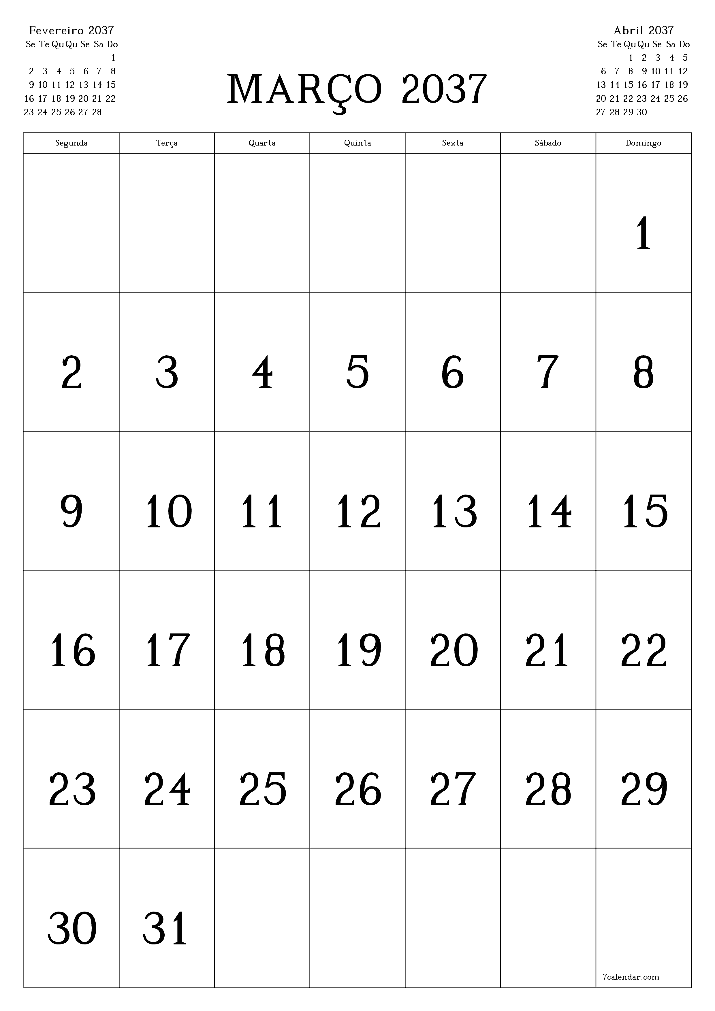  para impressão de parede modelo de grátisvertical Mensal calendário Março (Mar) 2037