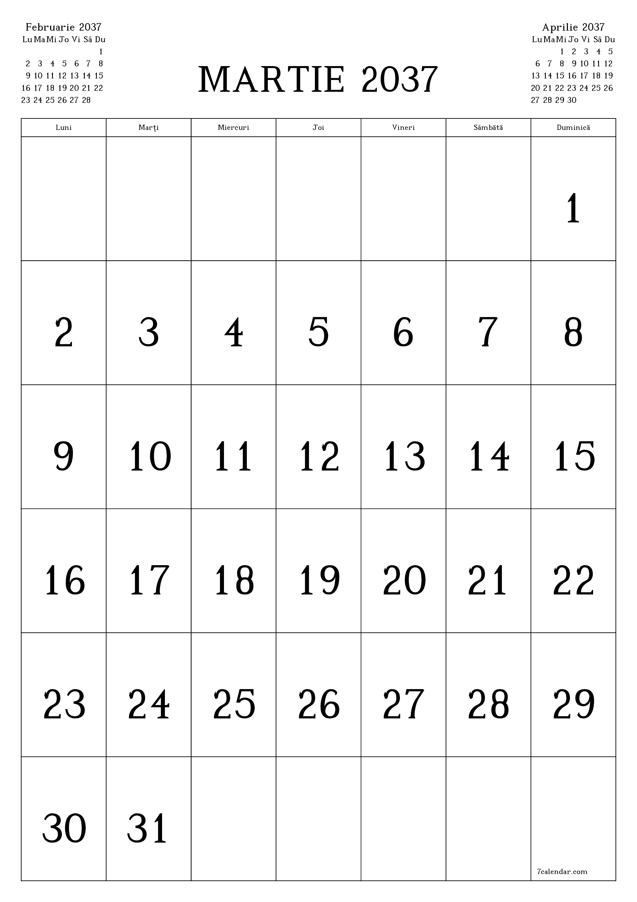  imprimabil de perete șablon de gratuitvertical Lunar calendar Martie (Mar) 2037