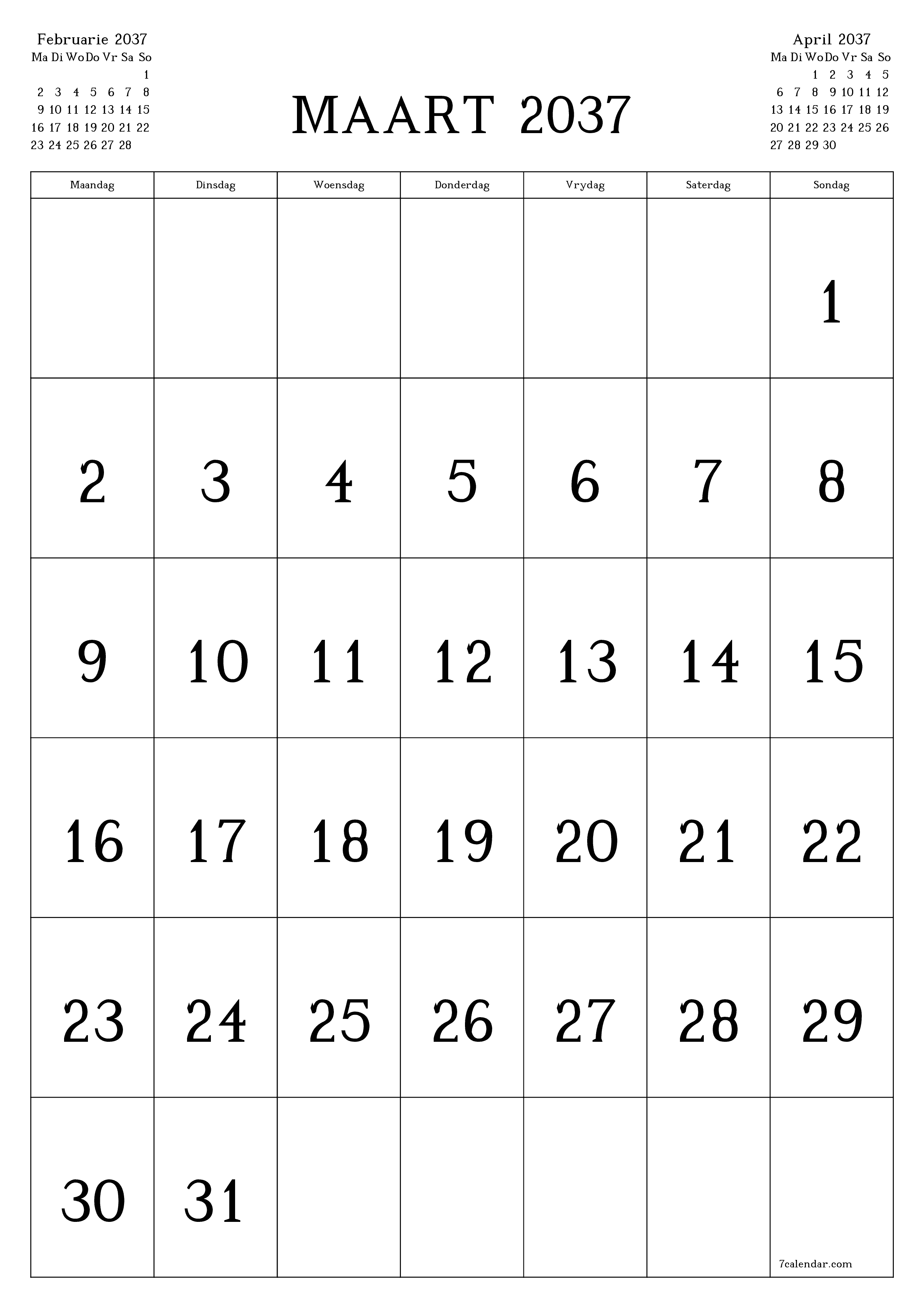 drukbare muur template gratis vertikaal Maandeliks kalender Maart (Mar) 2037