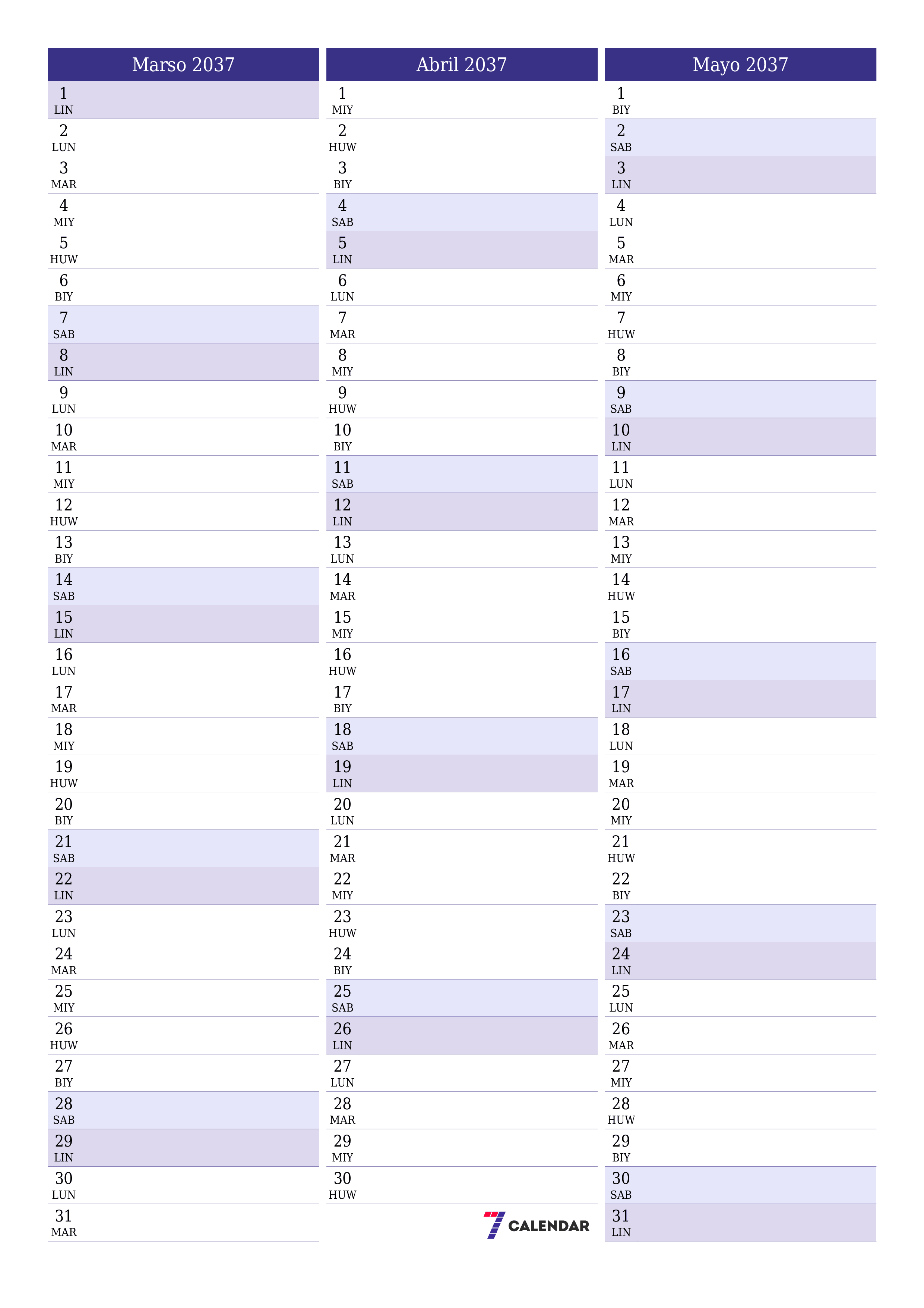 napi-print na sa dingding template ng libreng patayo Buwanang tagaplano kalendaryo Marso (Mar) 2037