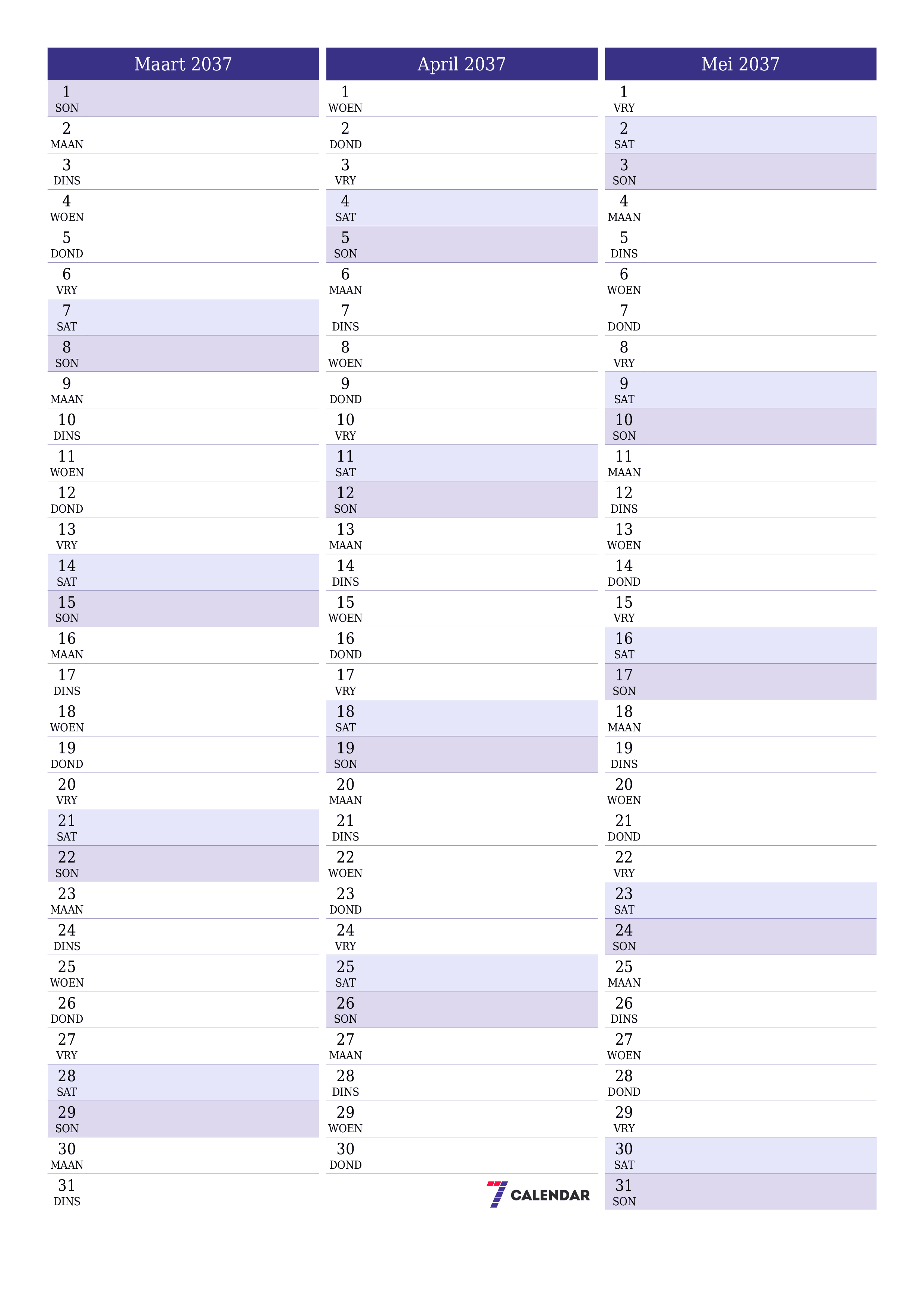 drukbare muur template gratis vertikaal Maandeliks beplanner kalender Maart (Mar) 2037