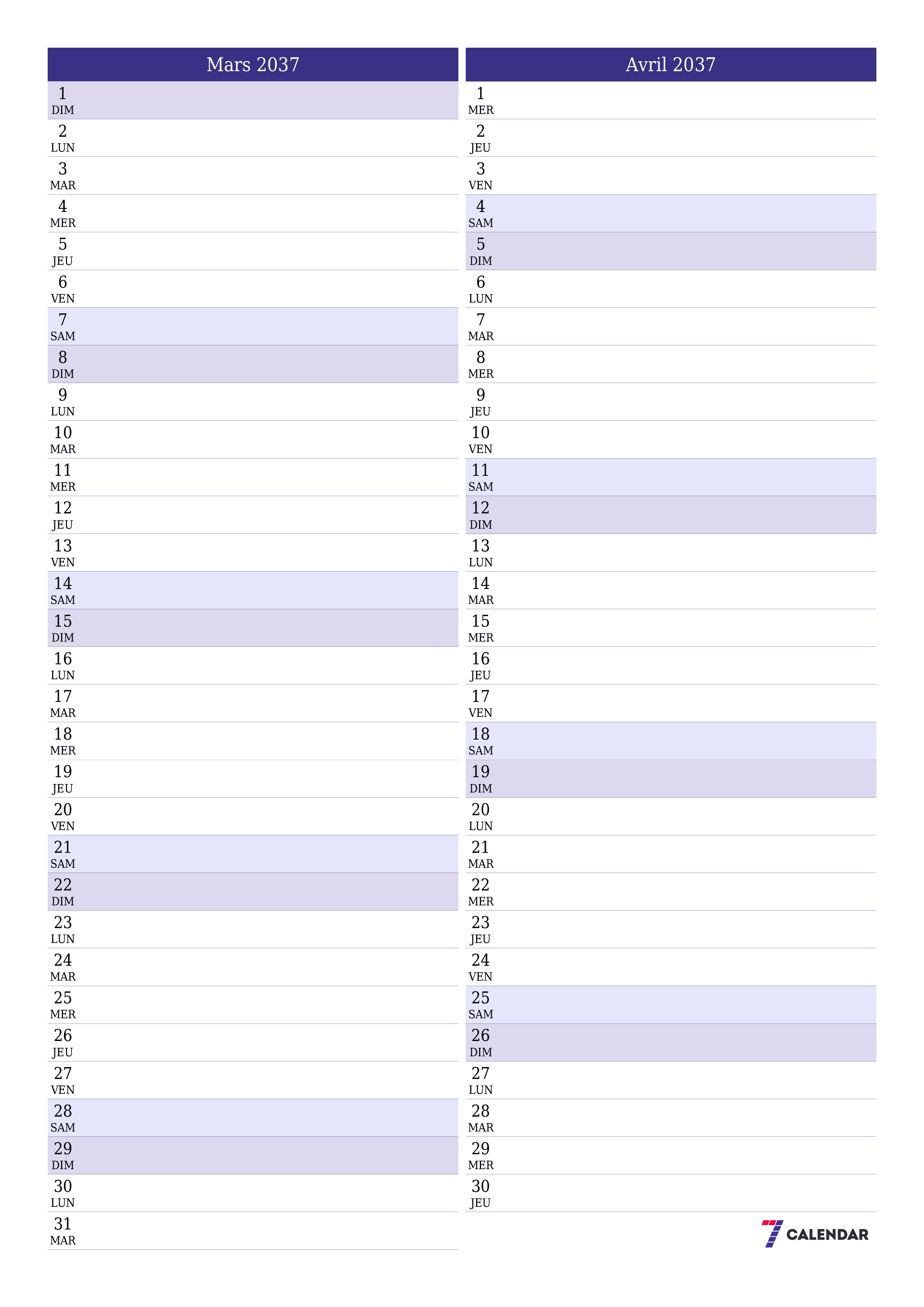  imprimable mural modèle de gratuitverticale Mensuel planificateur calendrier Mars (Mar) 2037