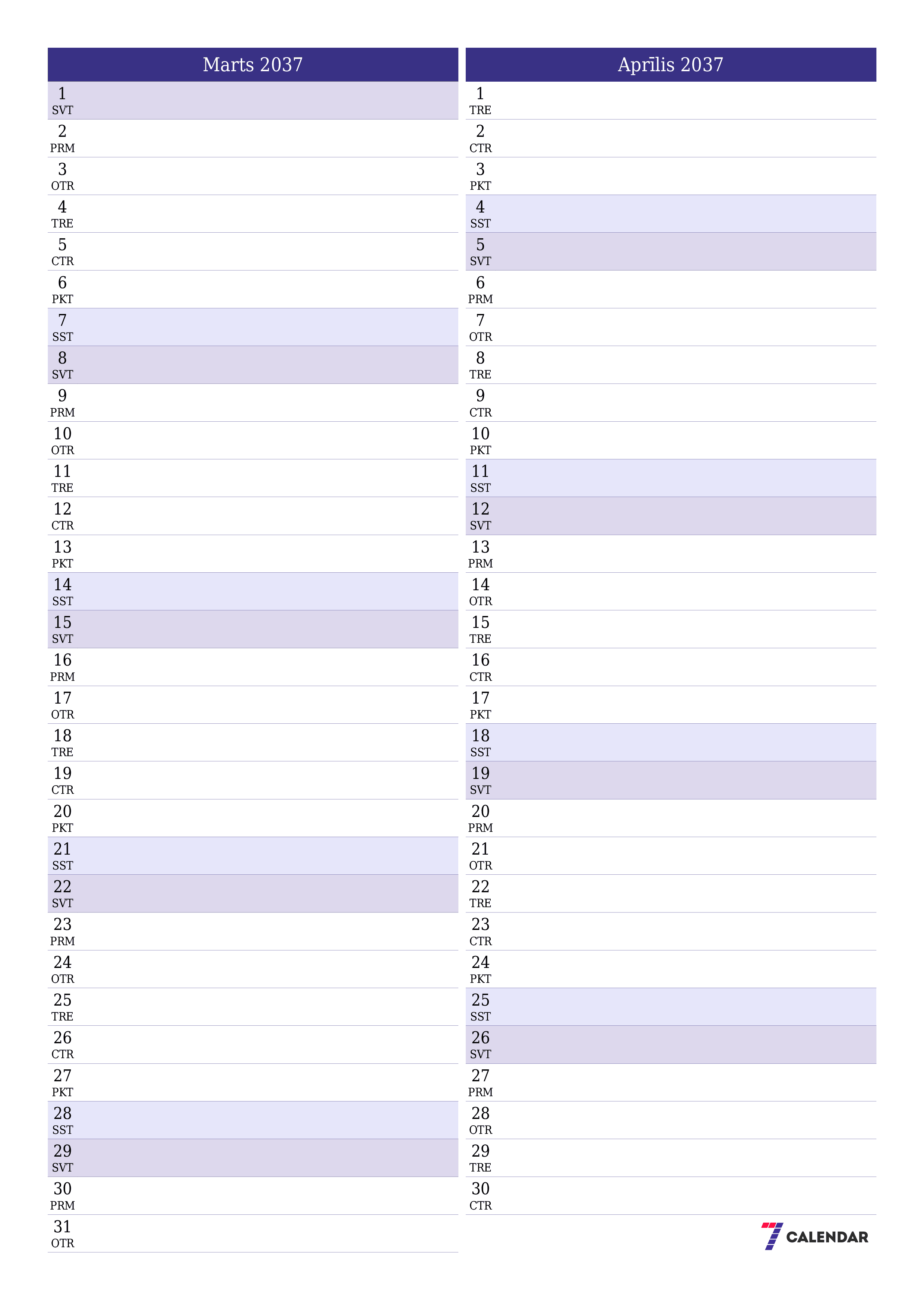 izdrukājams sienas kalendāra veidne bezmaksas vertikāli Mēneša plānotājs kalendārs Marts (Mar) 2037