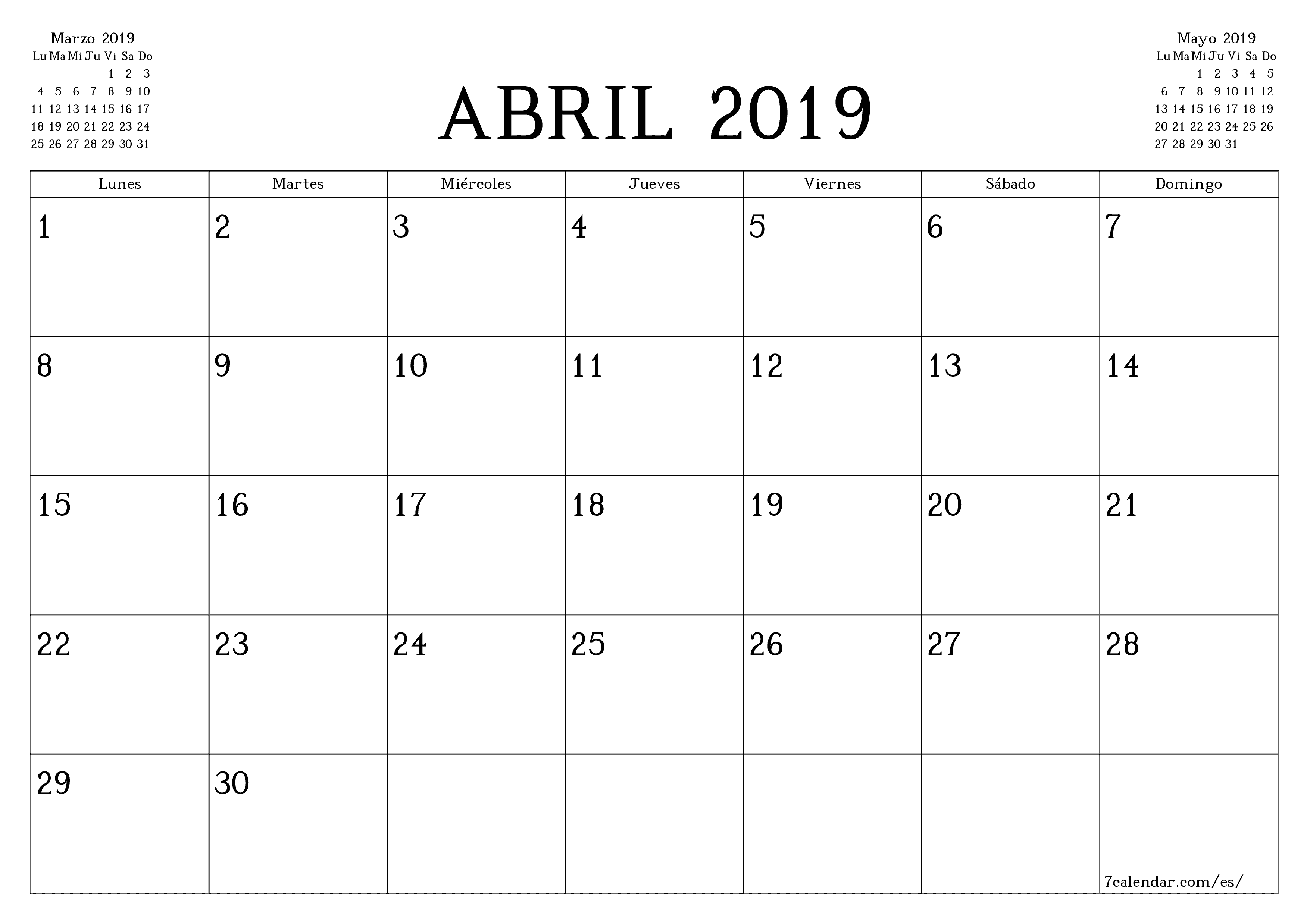 Planificador mensual vacío para el mes Abril 2019 con notas, guardar e imprimir en PDF PNG Spanish