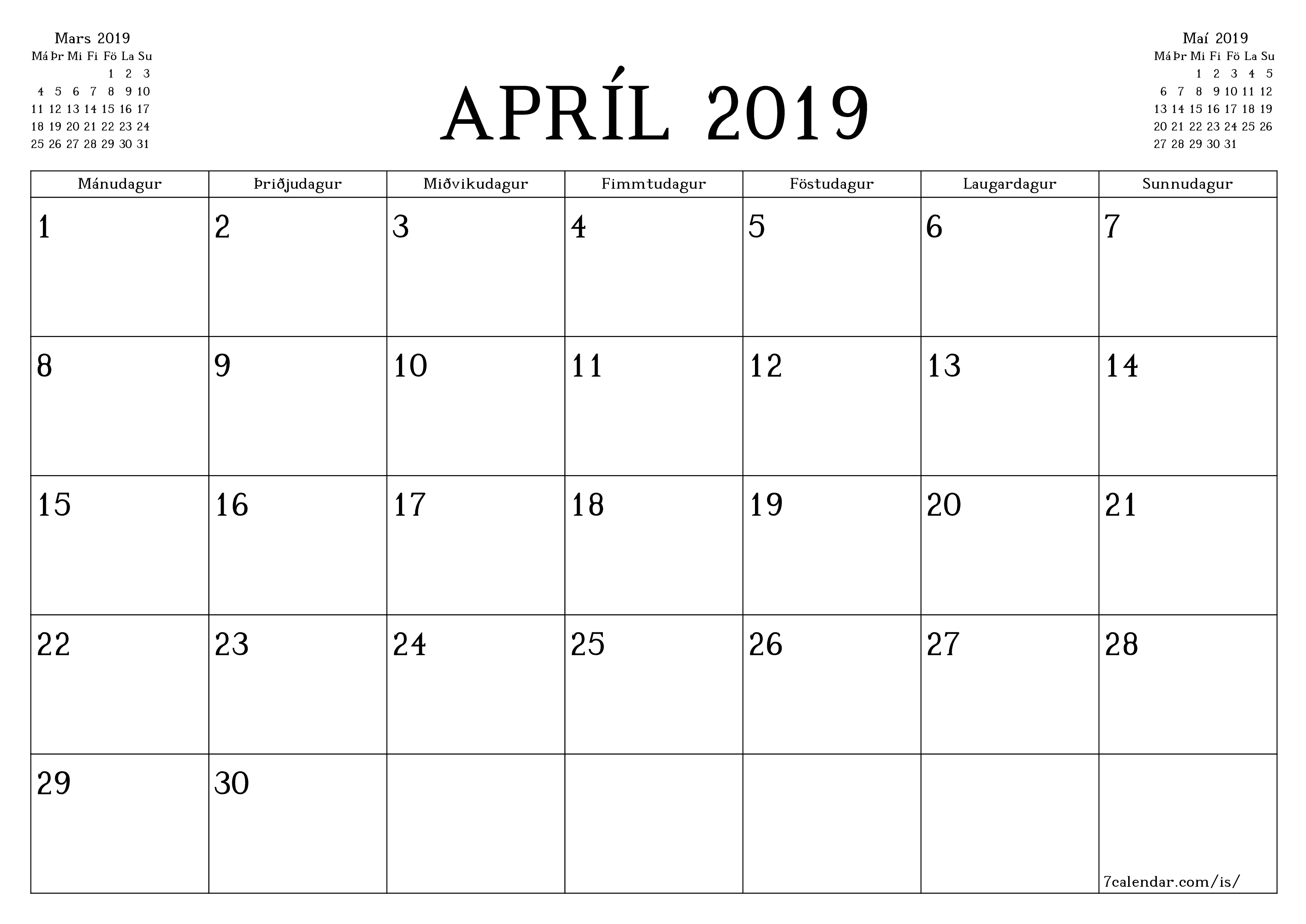 prentanlegt vegg sniðmát fyrir ókeypis lárétt Mánaðarlegt skipuleggjandi dagatal Apríl (Apr) 2019