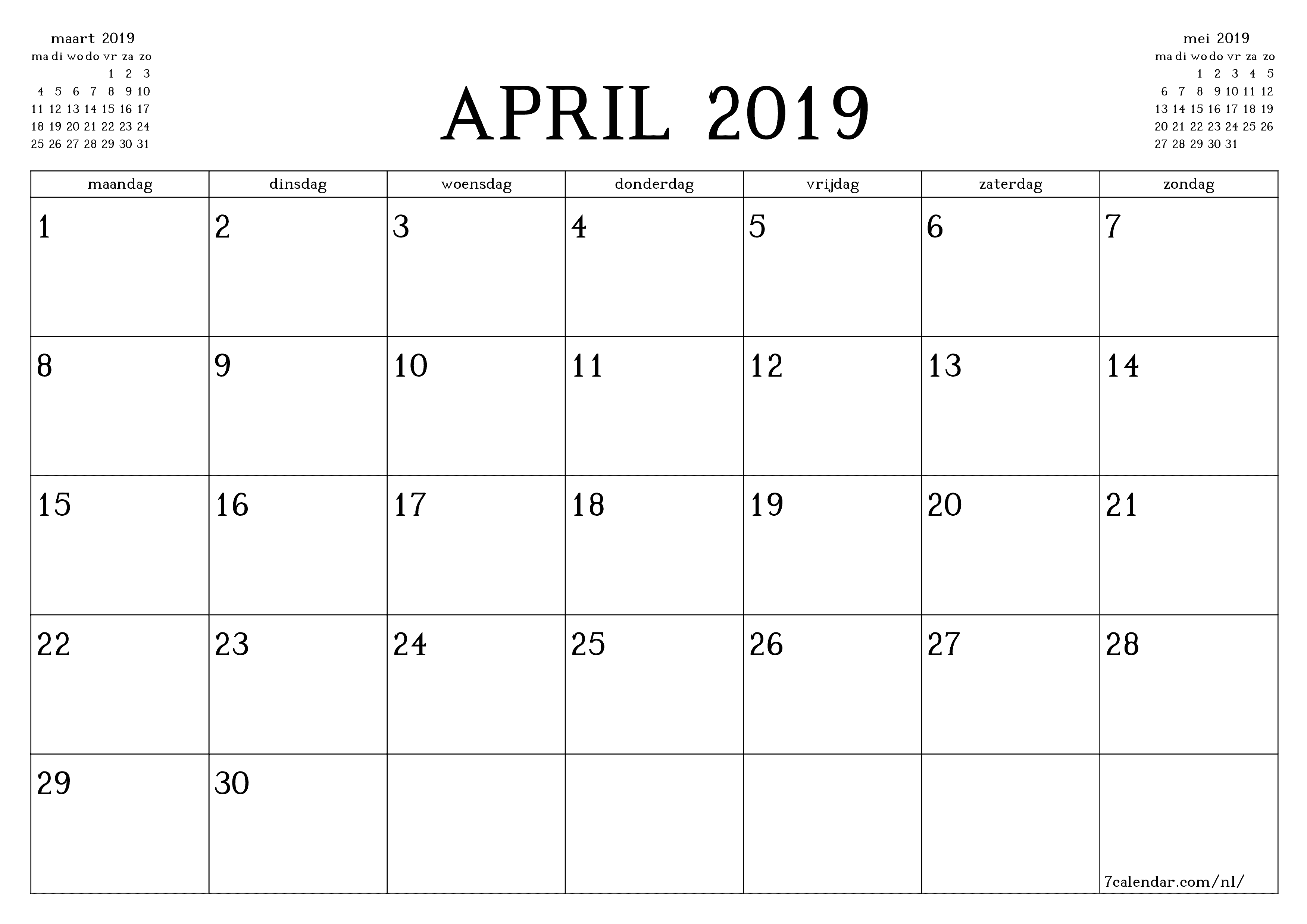 afdrukbare muur sjabloon gratis horizontaal Maandelijks planner kalender april (apr) 2019