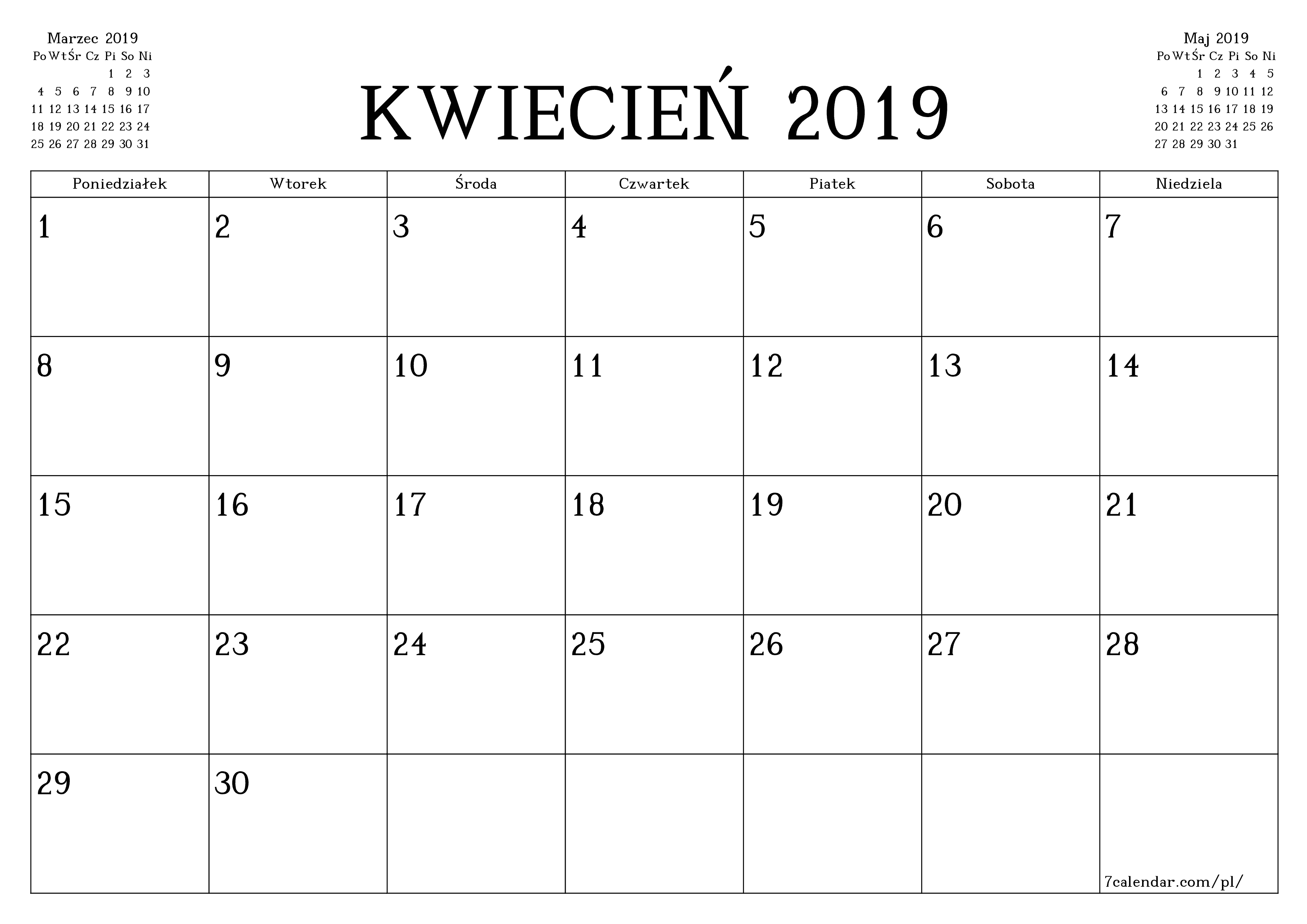 Opróżnij miesięczny planer na miesiąc Kwiecień 2019 z notatkami, zapisz i wydrukuj w formacie PDF PNG Polish