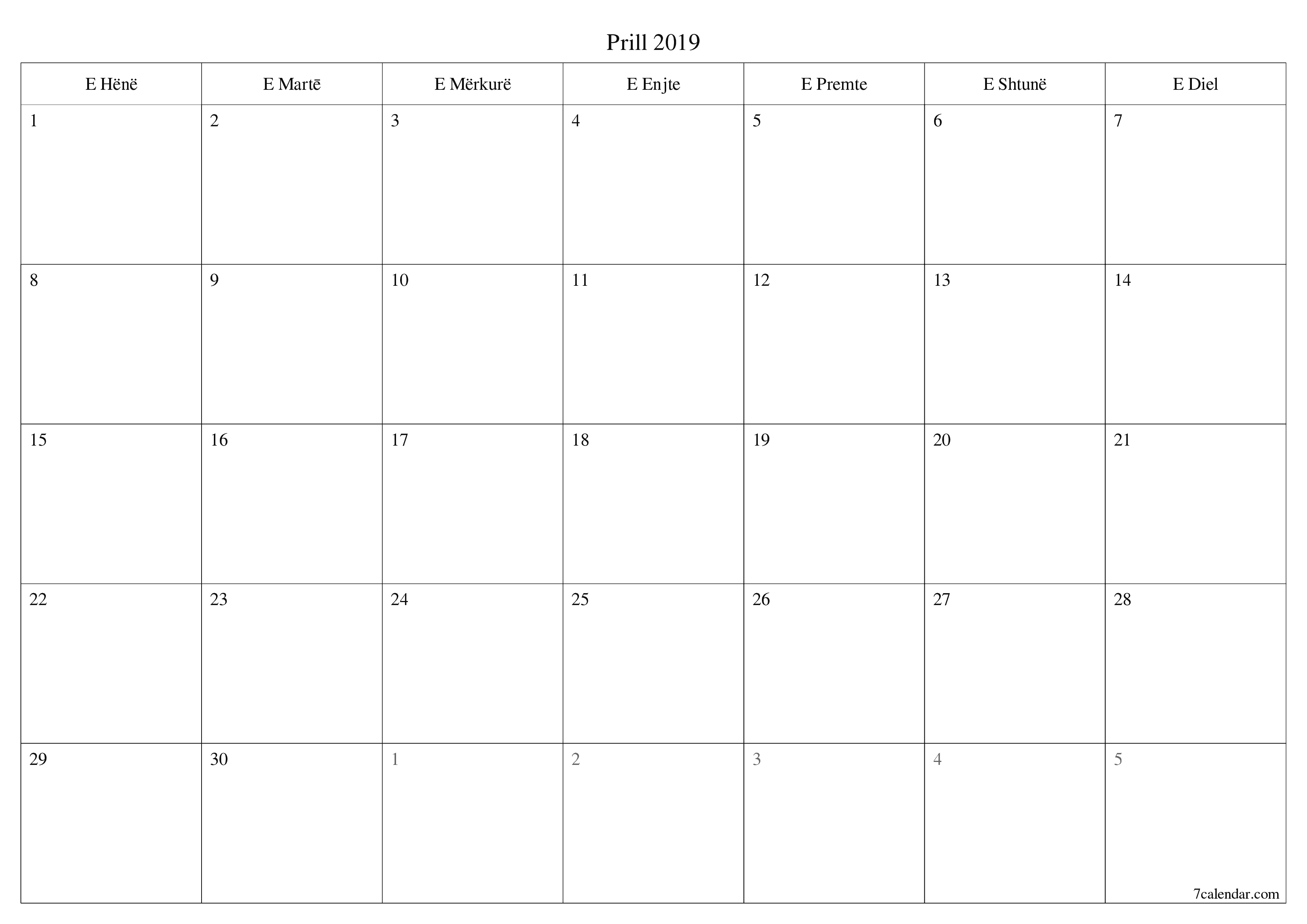 Planifikuesi i zbrazët i kalendarit mujor për muajin Prill 2019 me shënime të ruajtura dhe të printuara në PDF PNG Albanian