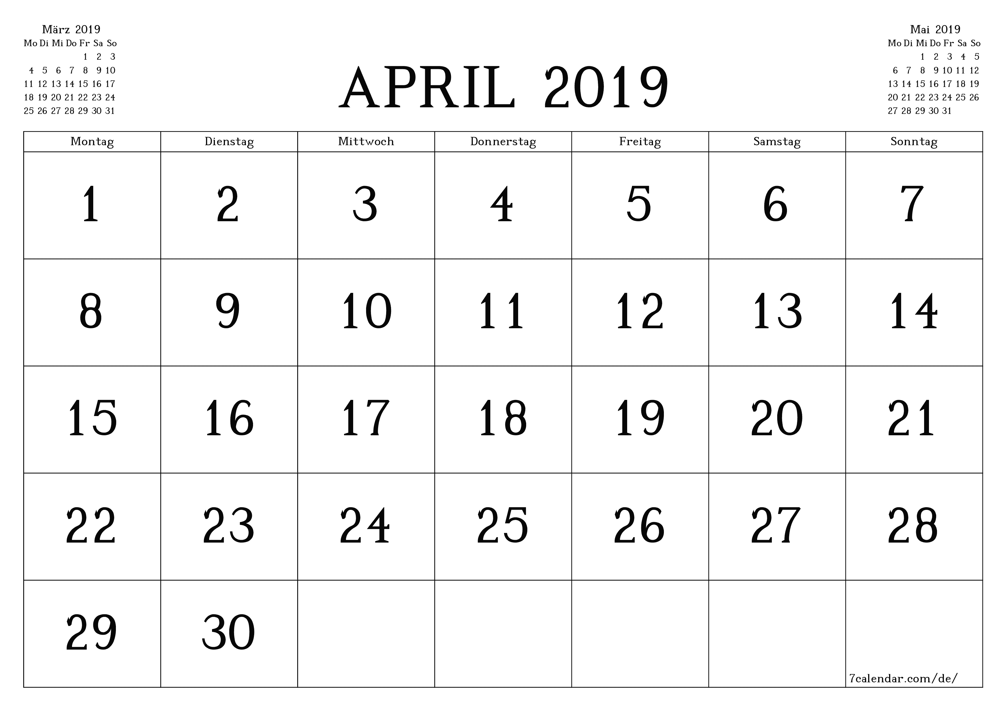 Monatsplaner für Monat April 2019 mit Notizen leeren, speichern und als PDF PNG German - 7calendar.com drucken