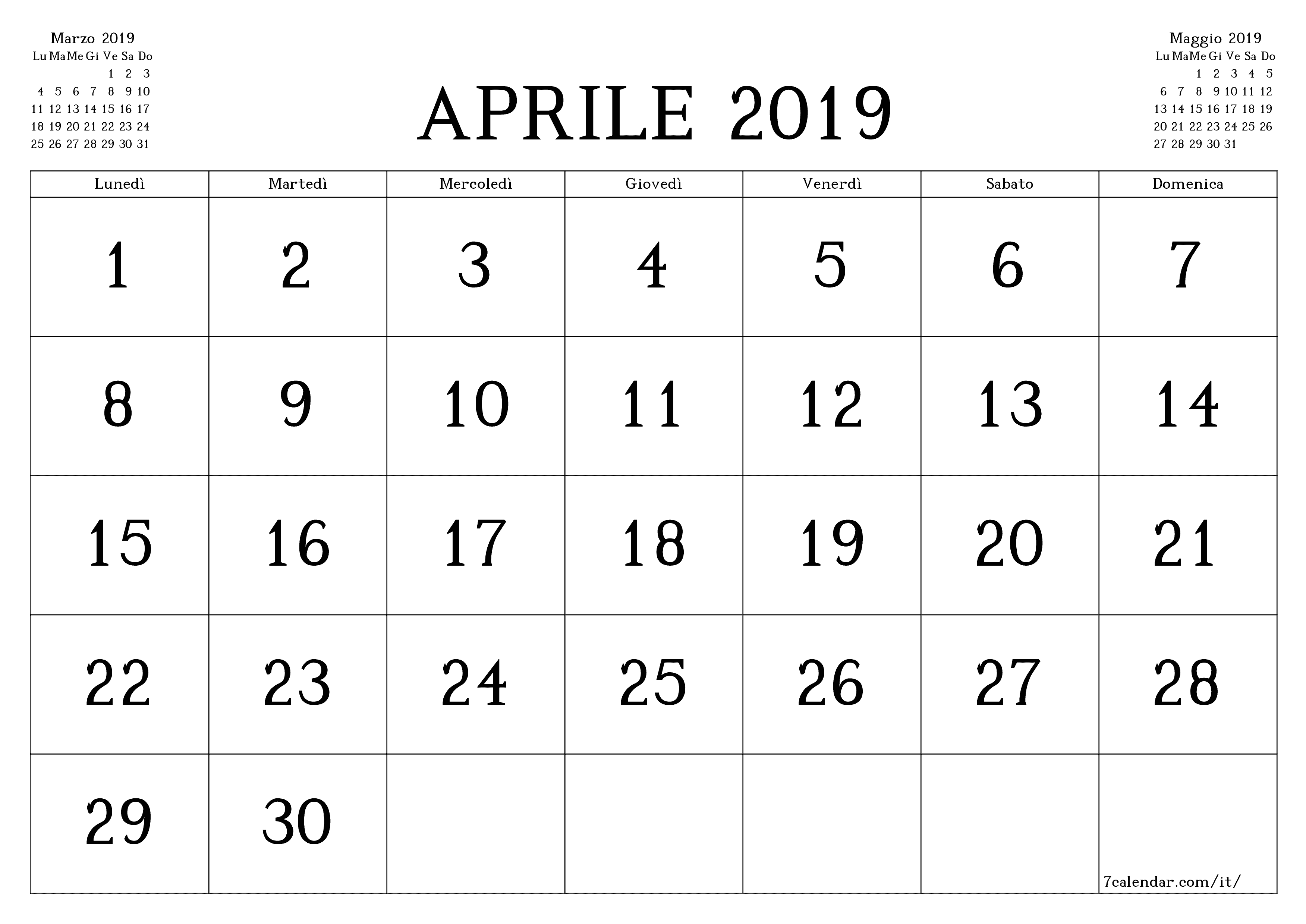  stampabile da parete modello di gratuitoorizzontale Mensile calendario Aprile (Apr) 2019