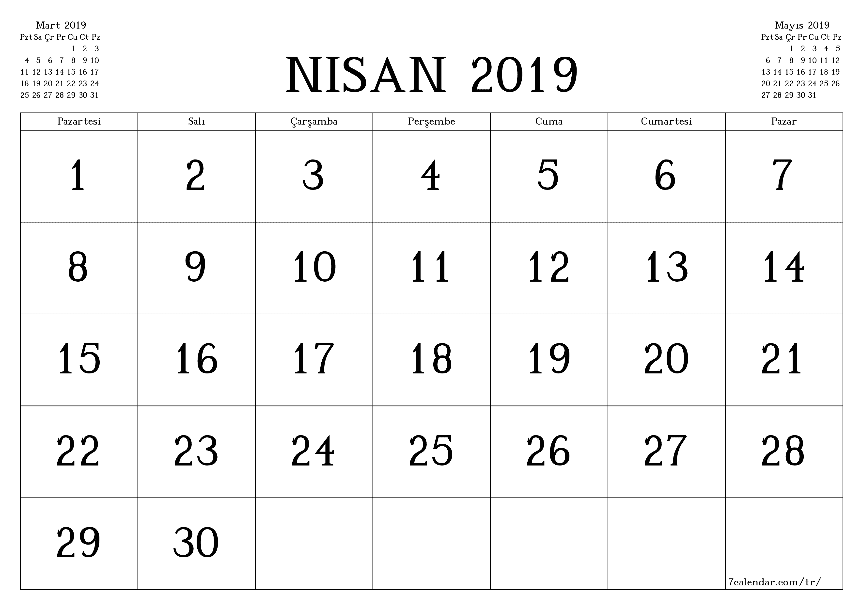 Nisan 2019 ayı için notlarla birlikte boş aylık planlayıcı, kaydedin ve PDF'ye yazdırın PNG Turkish