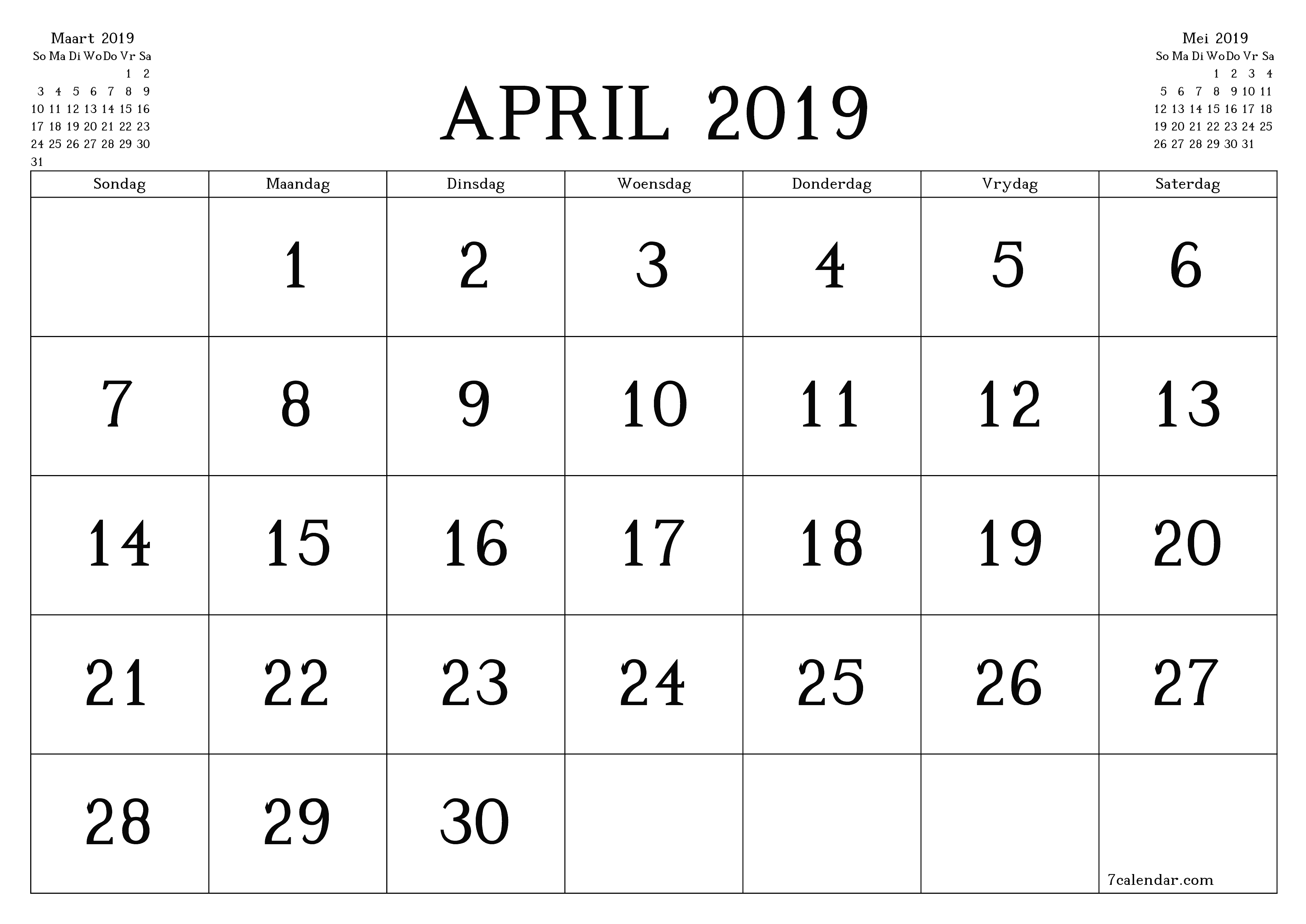 Leë maandelikse drukbare kalender en beplanner vir maand April 2019 met notas stoor en druk na PDF PNG Afrikaans