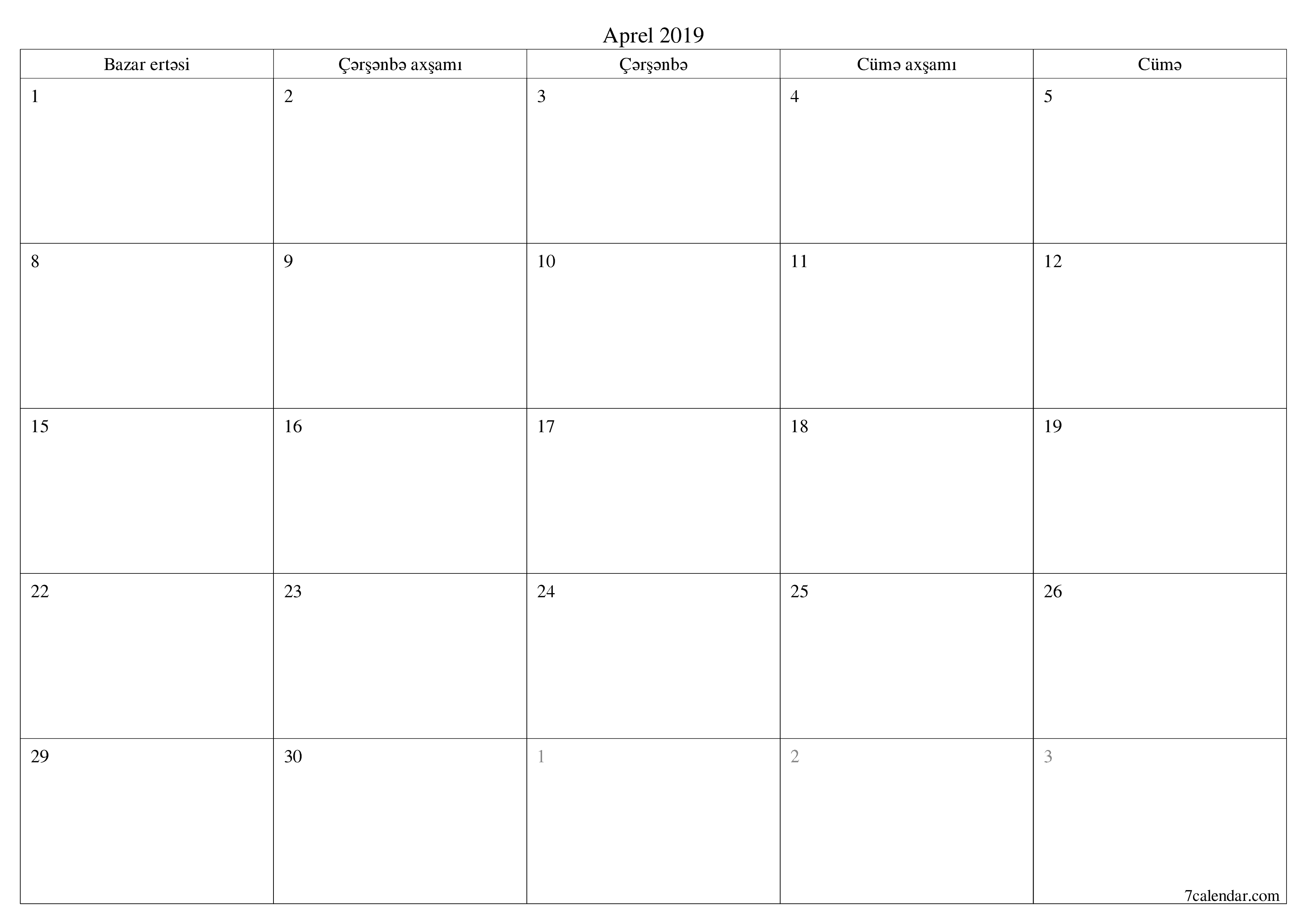 Aprel 2019 ayı üçün qeydlər ilə boş aylıq planlayıcı, qeyd edin və PDF-ə yazdırın PNG Azerbaijani