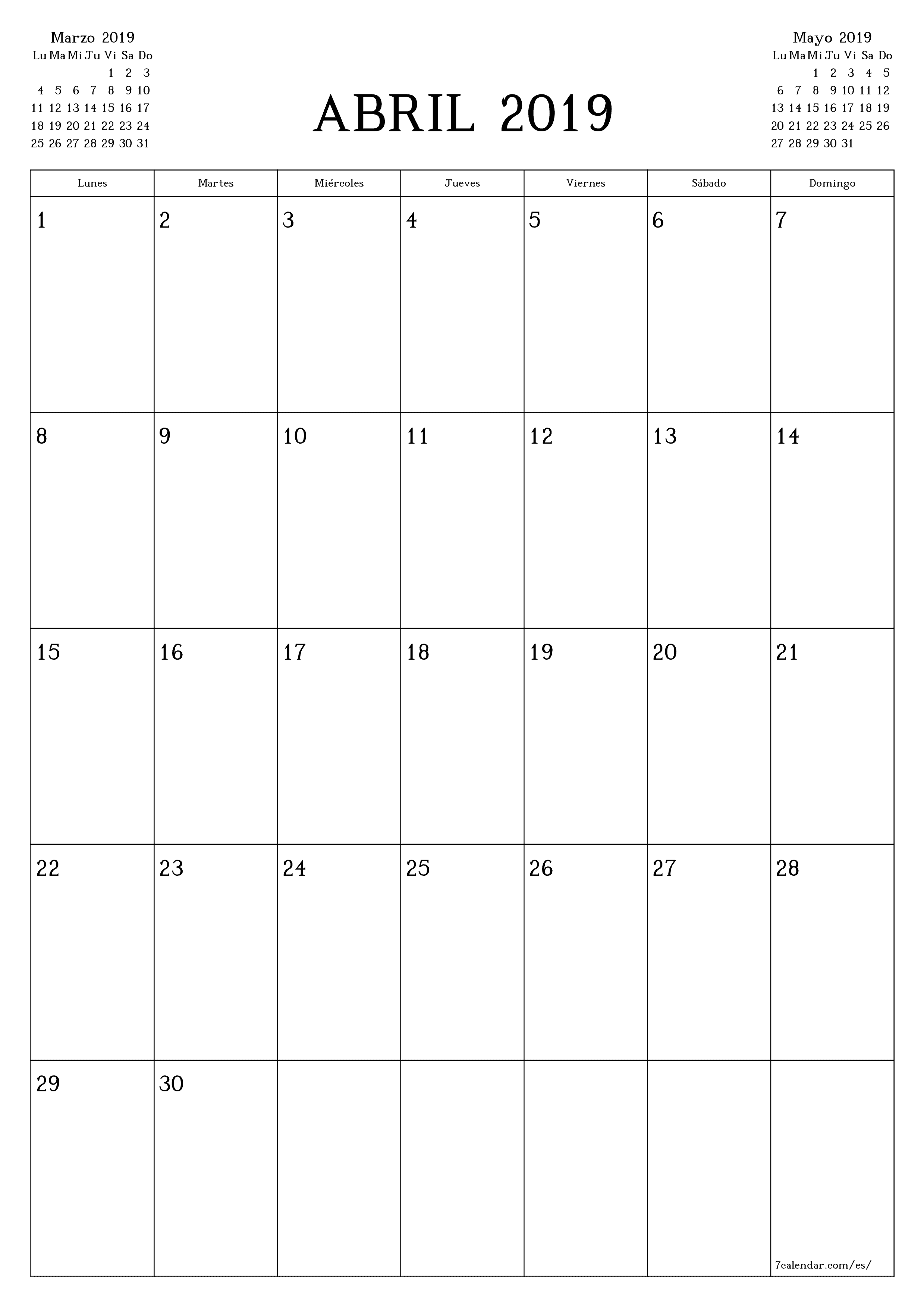 Planificador mensual vacío para el mes Abril 2019 con notas, guardar e imprimir en PDF PNG Spanish