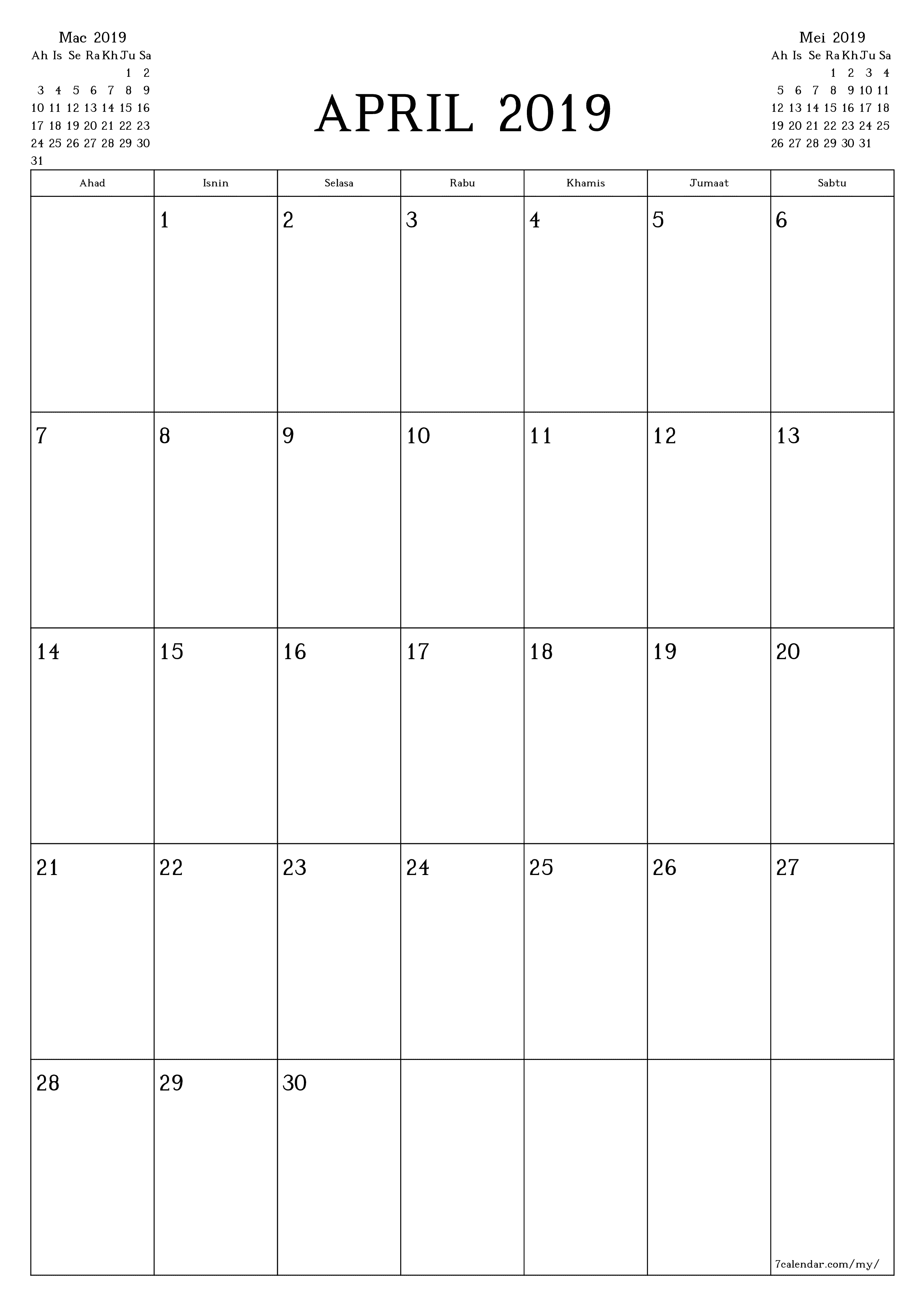 Perancang bulanan kosong untuk bulan April 2019 dengan nota, simpan dan cetak ke PDF PNG Malay